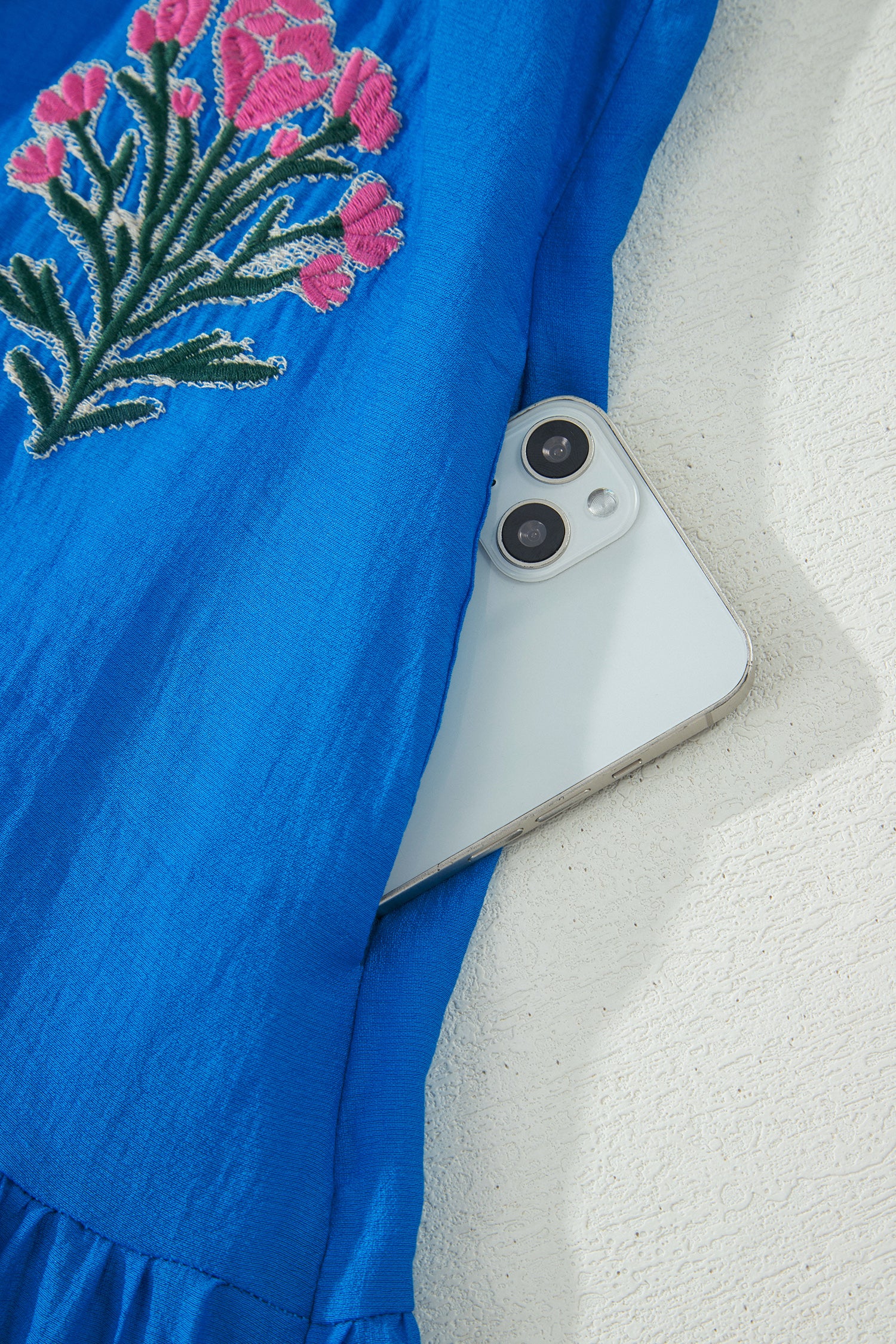 Blue Flower Embroidered Split Neck Puff Sleeve Ruffle Hem Mini Dress S-XL