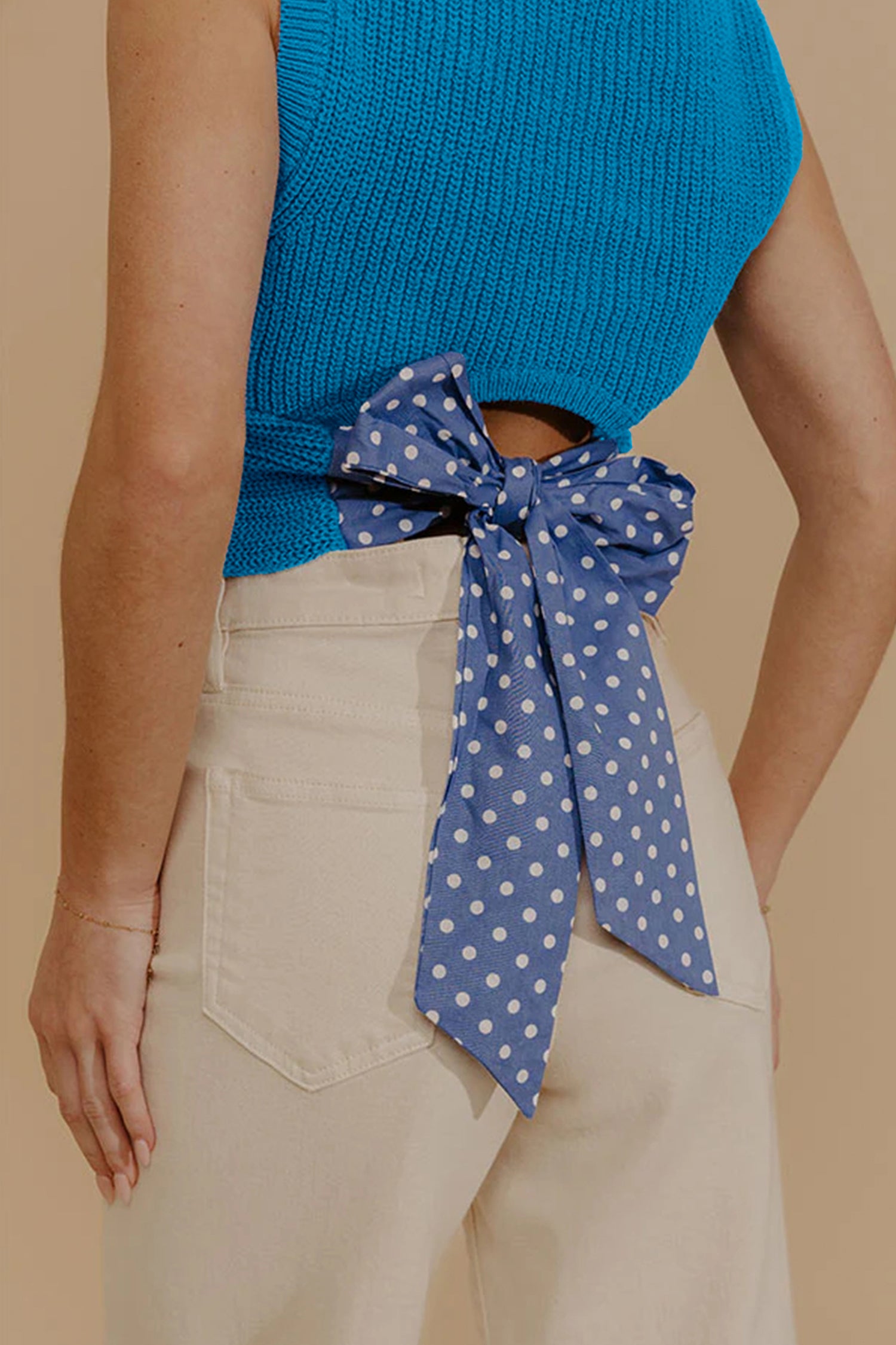 Myosotis Polka Dot Cropped Sweater Tank Slim Knit Knot Back Women S-XL