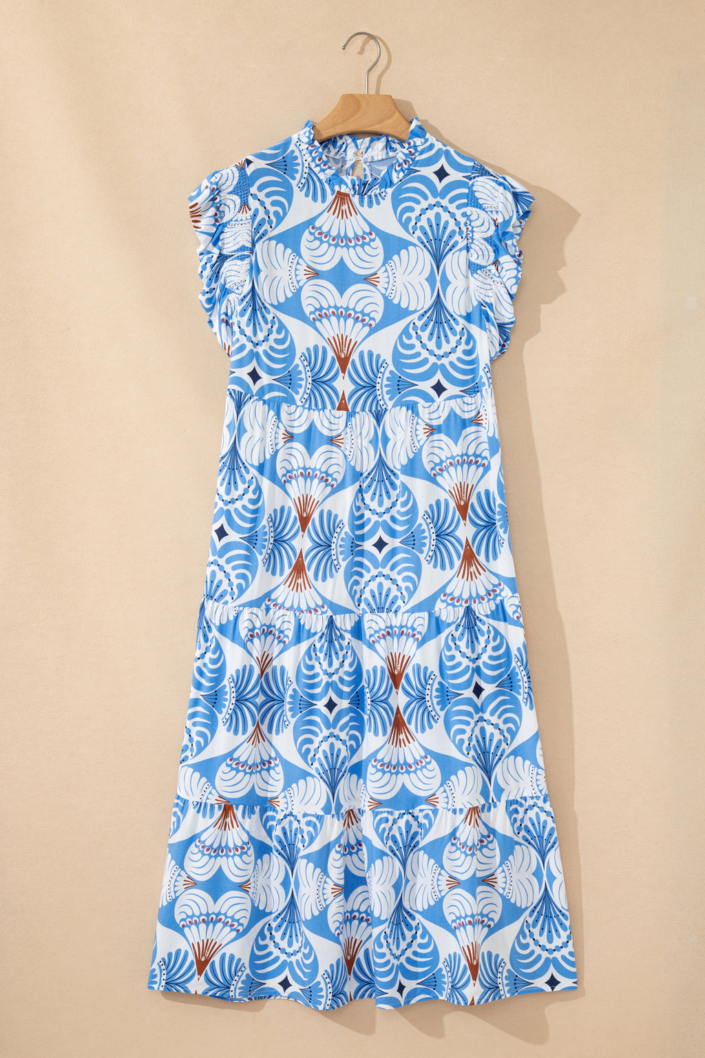 Sky Blue Tropical Print Maxi Dress Flutter Sleeve Vacation Women S-XL