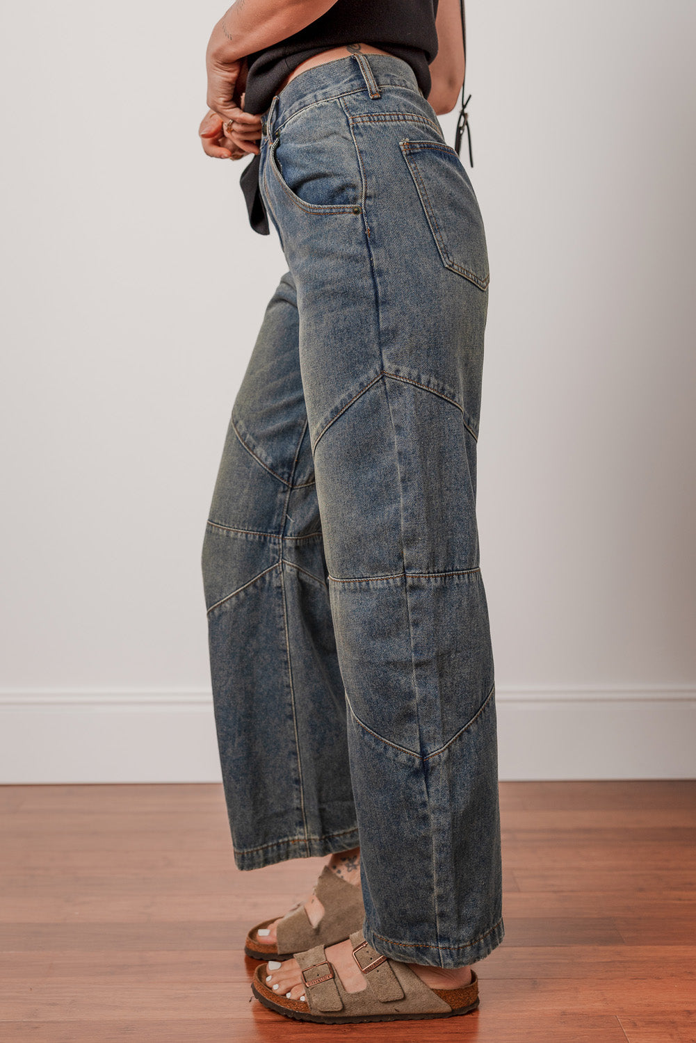 Shop Sail Blue Exposed Stitching Loose Straight High Waist Barrel Jeans at LivelyLooks