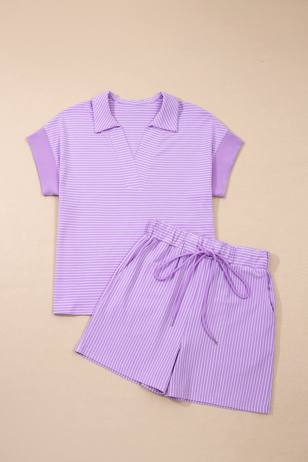 Women's Stripe Dolman Sleeve Polo Shirt and Drawstring Shorts Set Two Piece Co-ord at LivelyLooks
