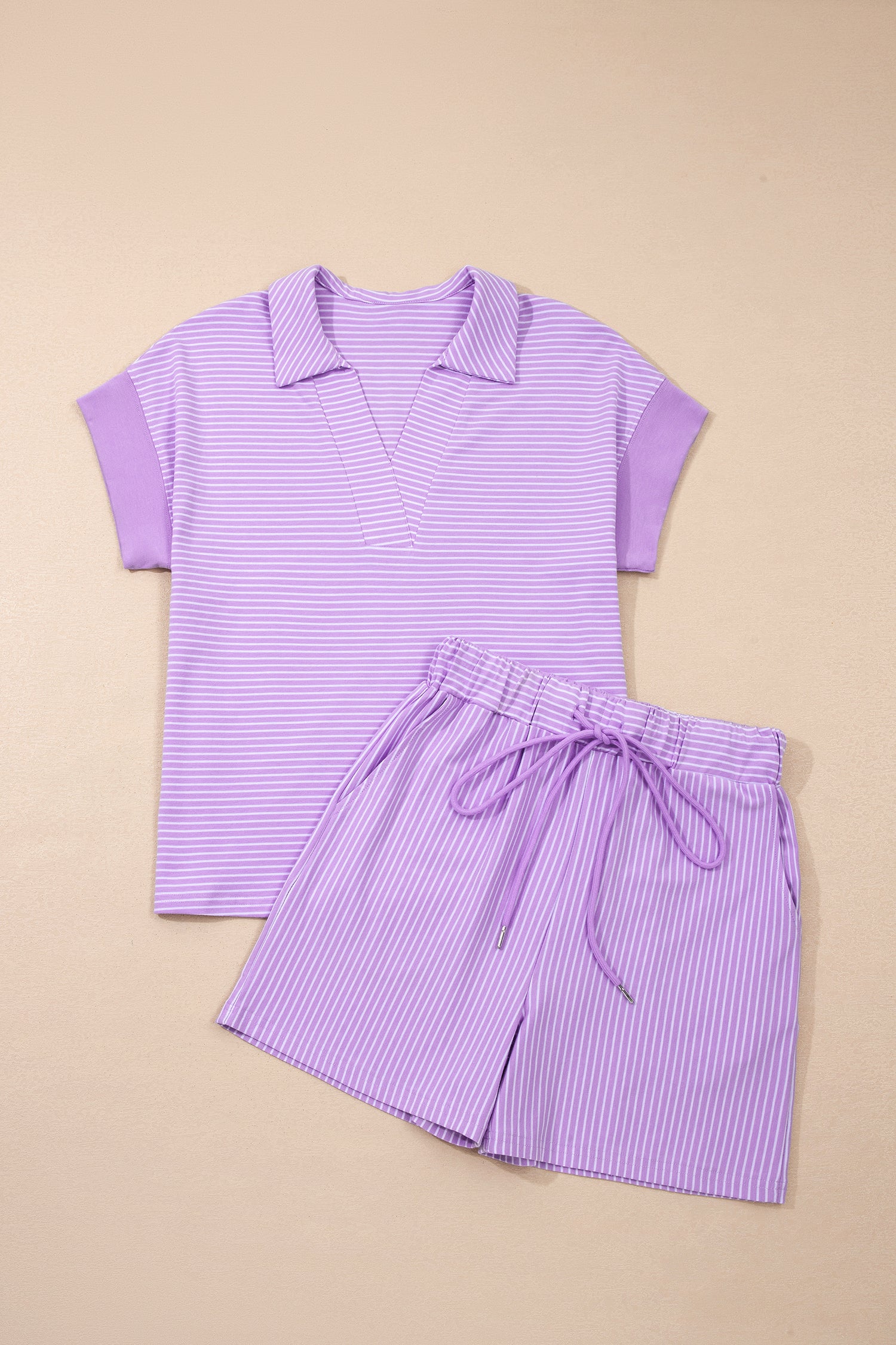 Women's Stripe Dolman Sleeve Polo Shirt and Drawstring Shorts Set Two Piece Co-ord at LivelyLooks