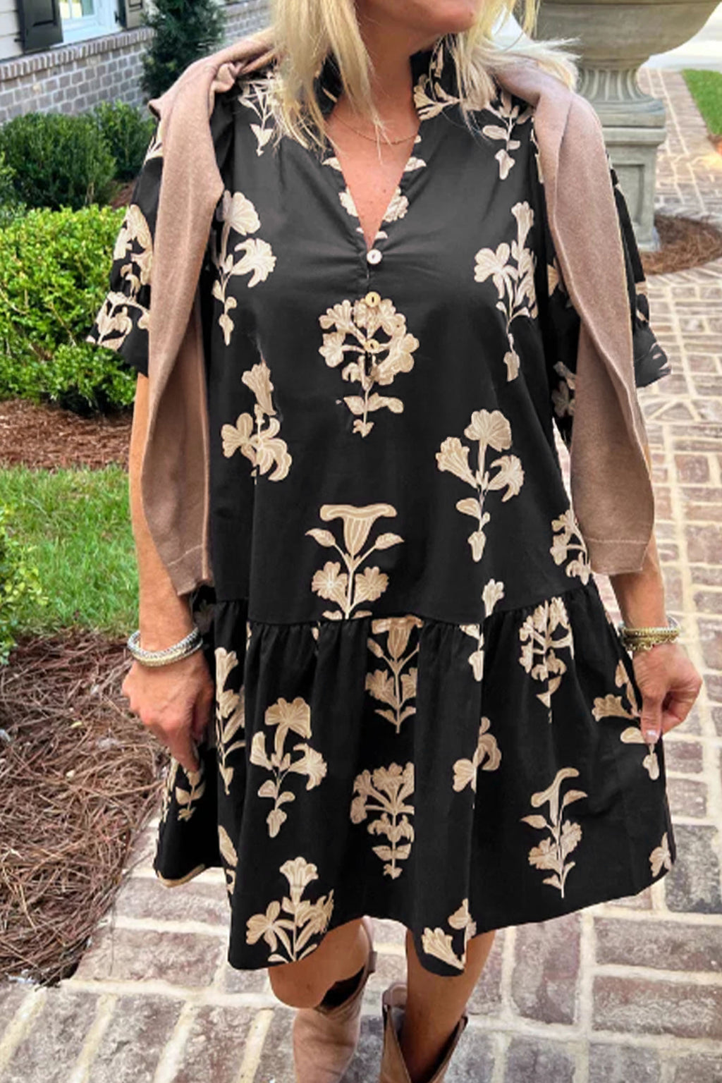 Black & Green Frilled V Neck Puff Sleeve Floral Mini Dress S-XL