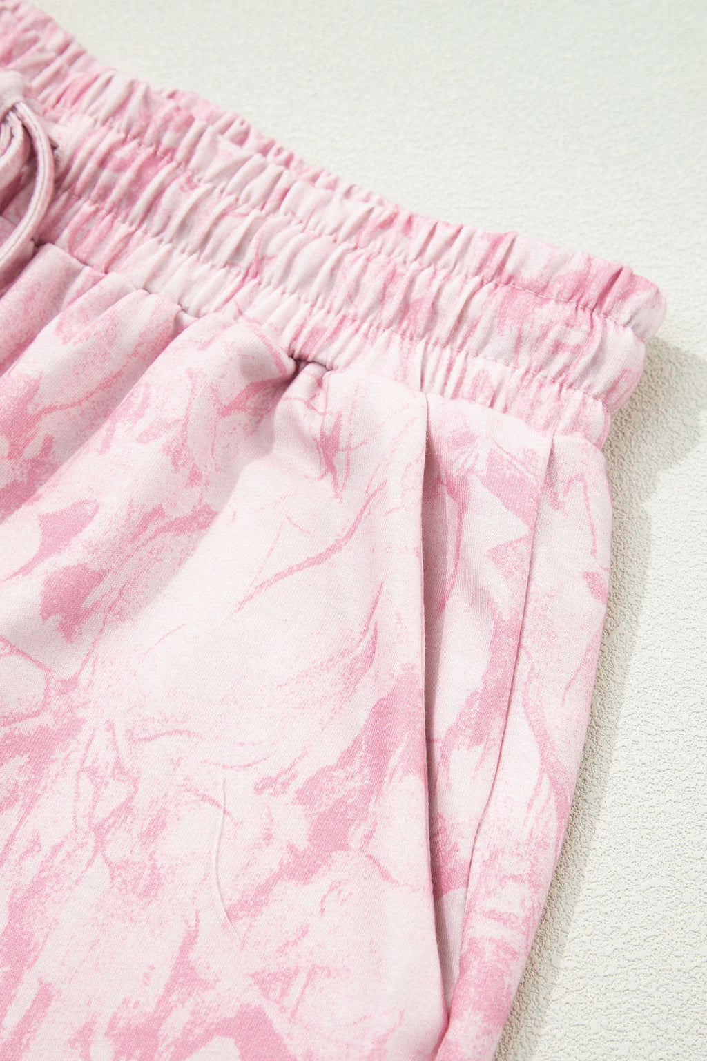 Abstract Print V-Neck Loose Tee & Drawstring Shorts Co-ord | Khaki & Pink