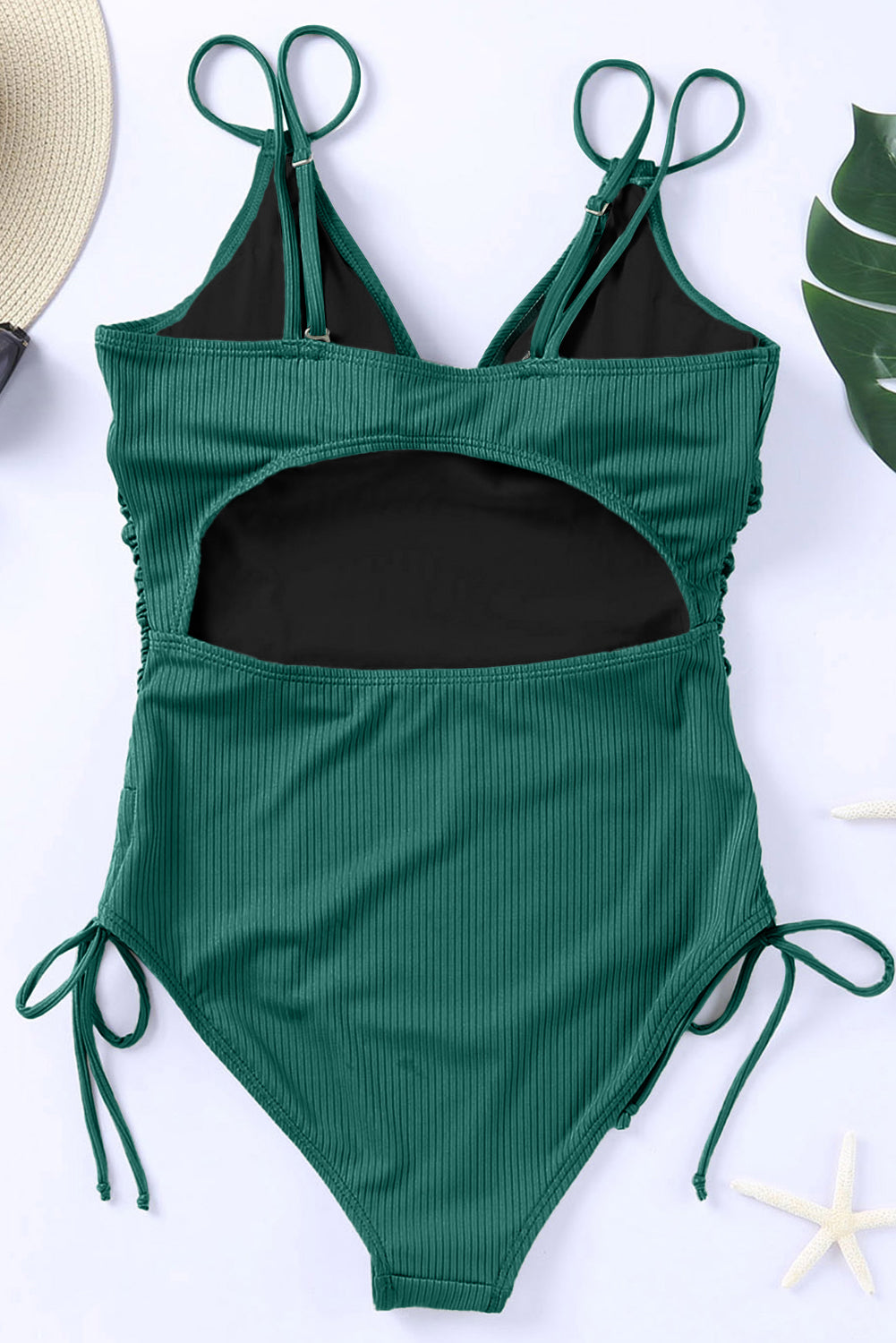 LivelyLooks Ribbed Knit One Piece Swimsuit Adjustable Straps V-Neck Black Green women's fashion