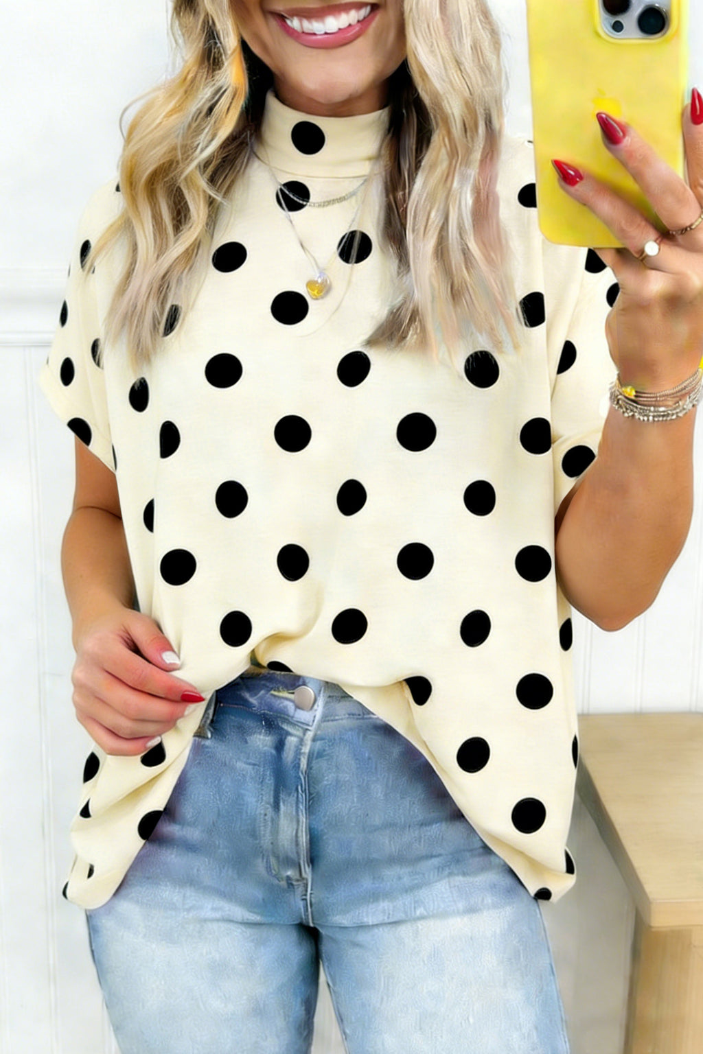 Beige Polka Dot High Neck Dolman Tunic Top | Sizes 8-22