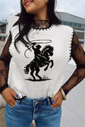 Women's White Rodeo Cowboy Contrast Trim Round Neck Sweater Vest at LivelyLooks