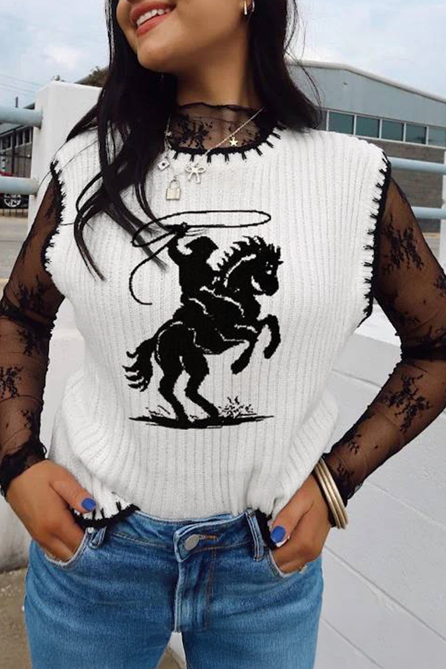 Women's White Rodeo Cowboy Contrast Trim Round Neck Sweater Vest at LivelyLooks