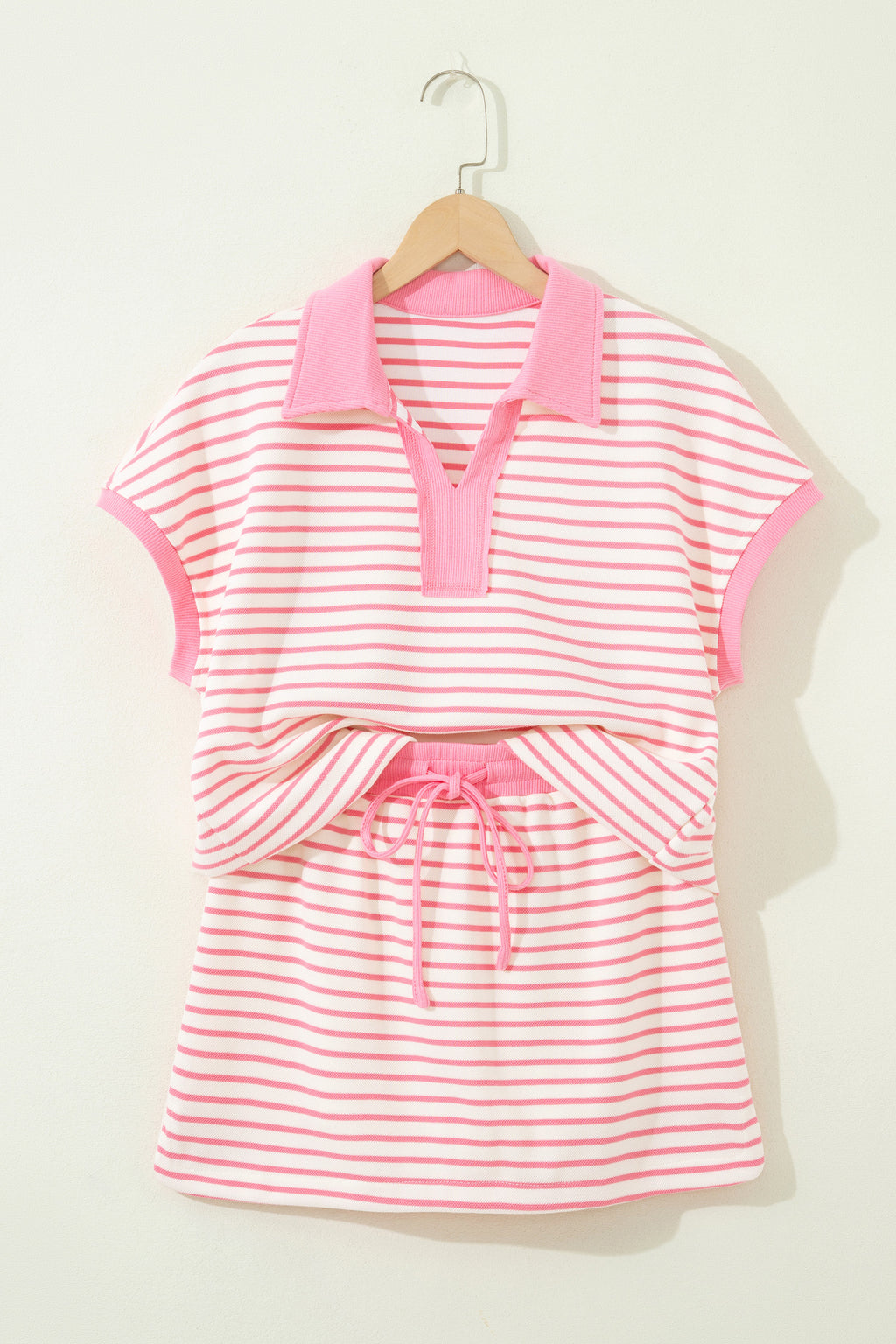 Striped Polo Tee & Drawstring Skort Set – Pink