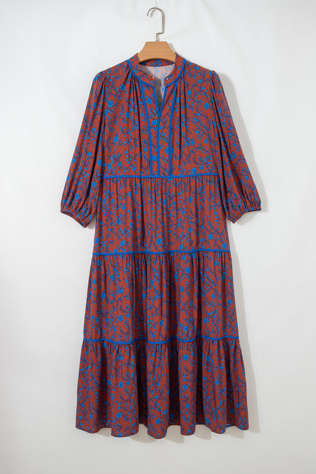 Brown Floral 3/4 Puff Sleeve Tiered Loose Midi Dress S-XL