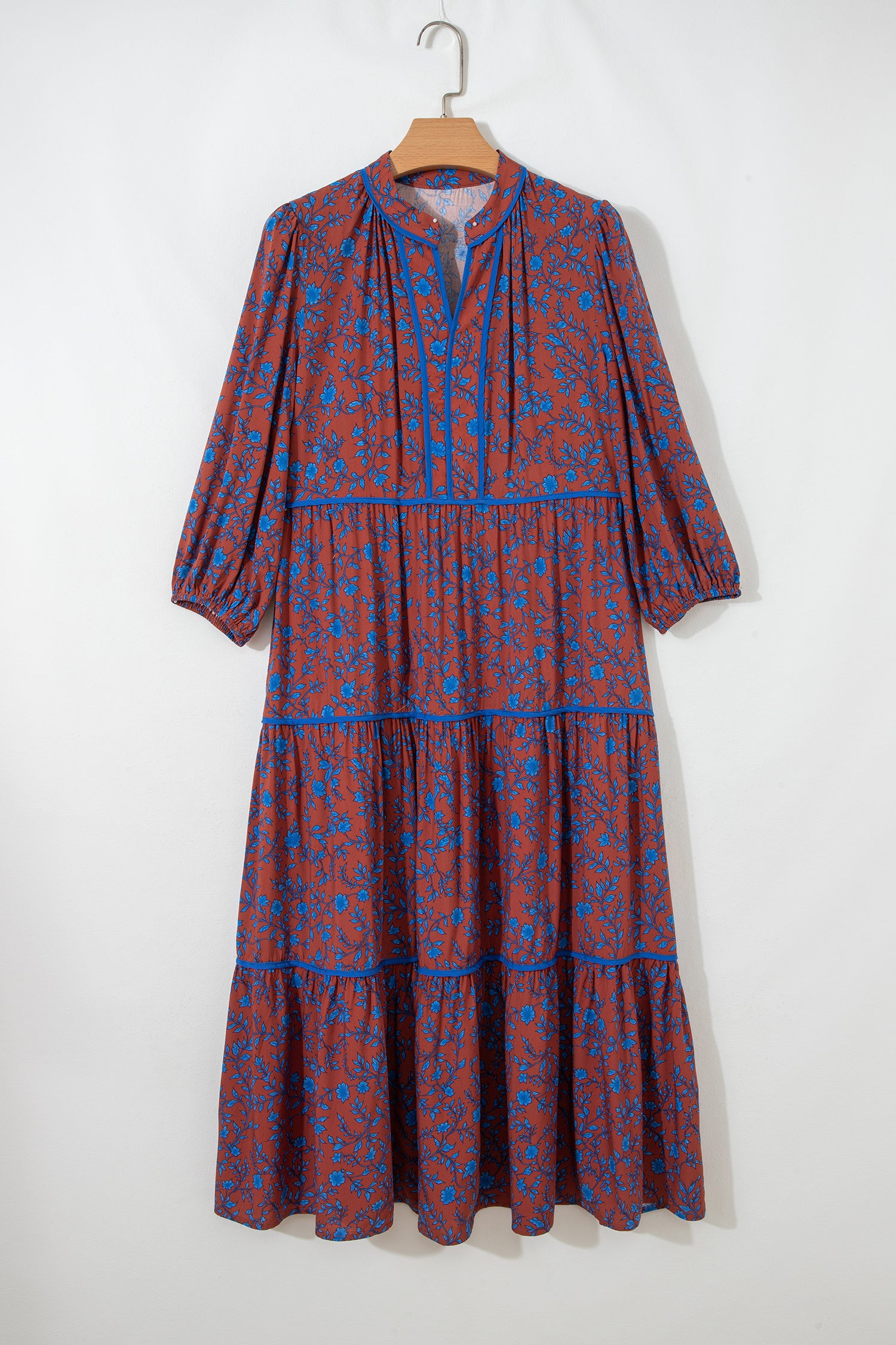 Brown Floral 3/4 Puff Sleeve Tiered Loose Midi Dress S-XL