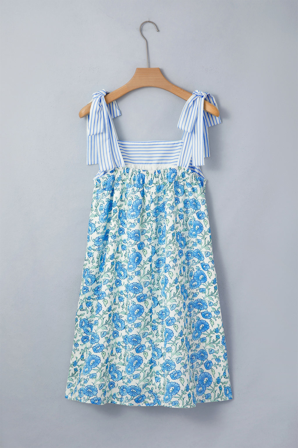 Sky Blue & Pink Floral Striped Bow Knot Strap Mini Dress