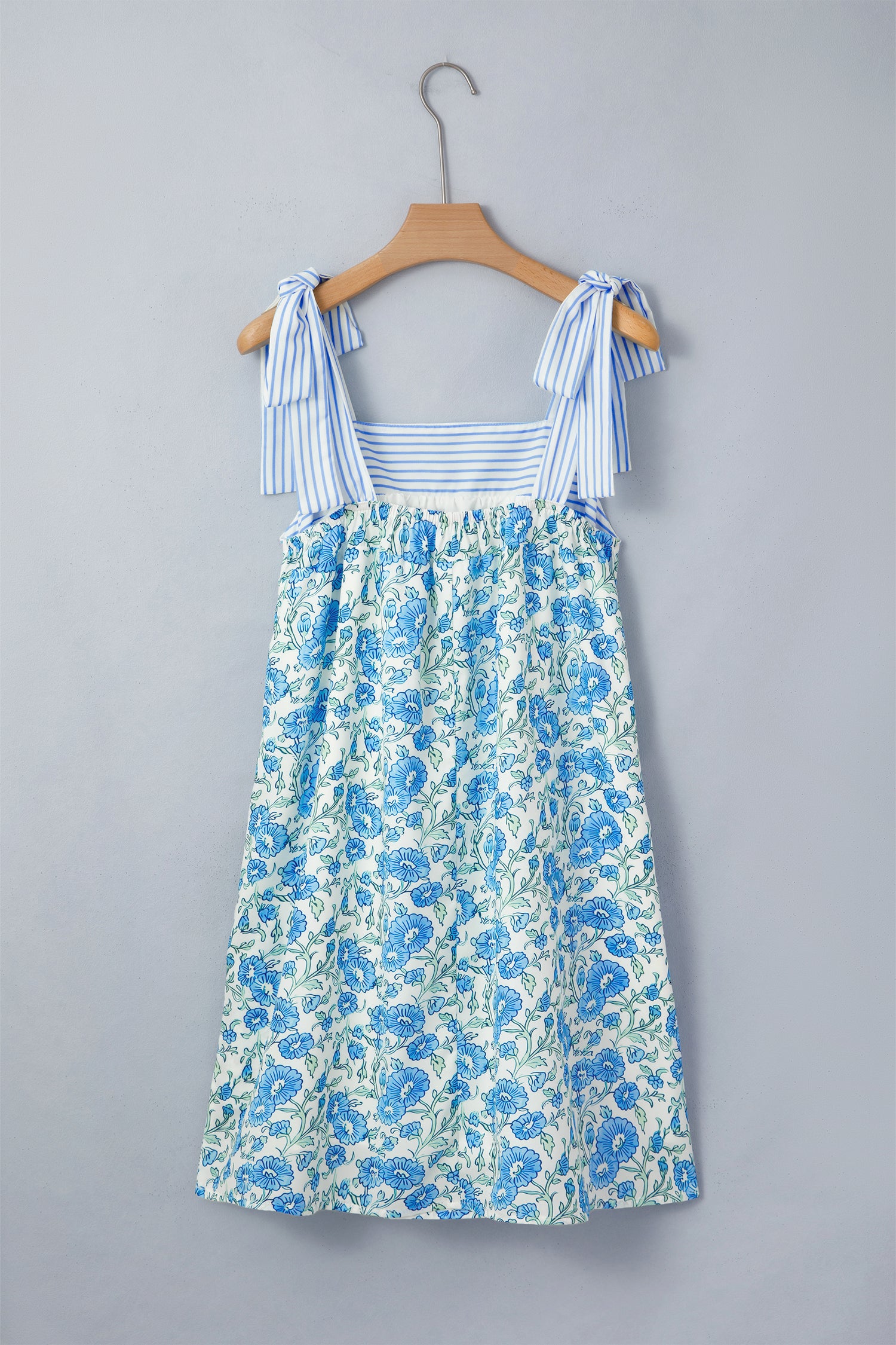Sky Blue & Pink Floral Striped Bow Knot Strap Mini Dress