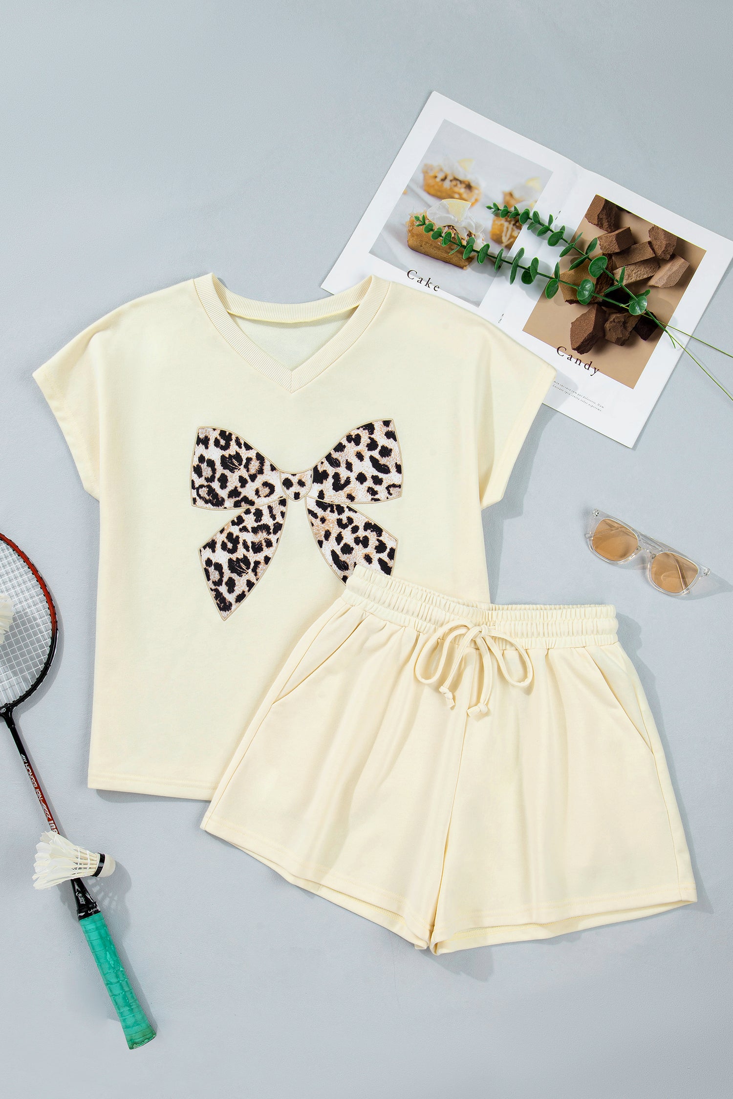 Shop White Black Leopard Bow V Neck Tee & Drawstring Shorts Set 2pcs S-XL at LivelyLooks