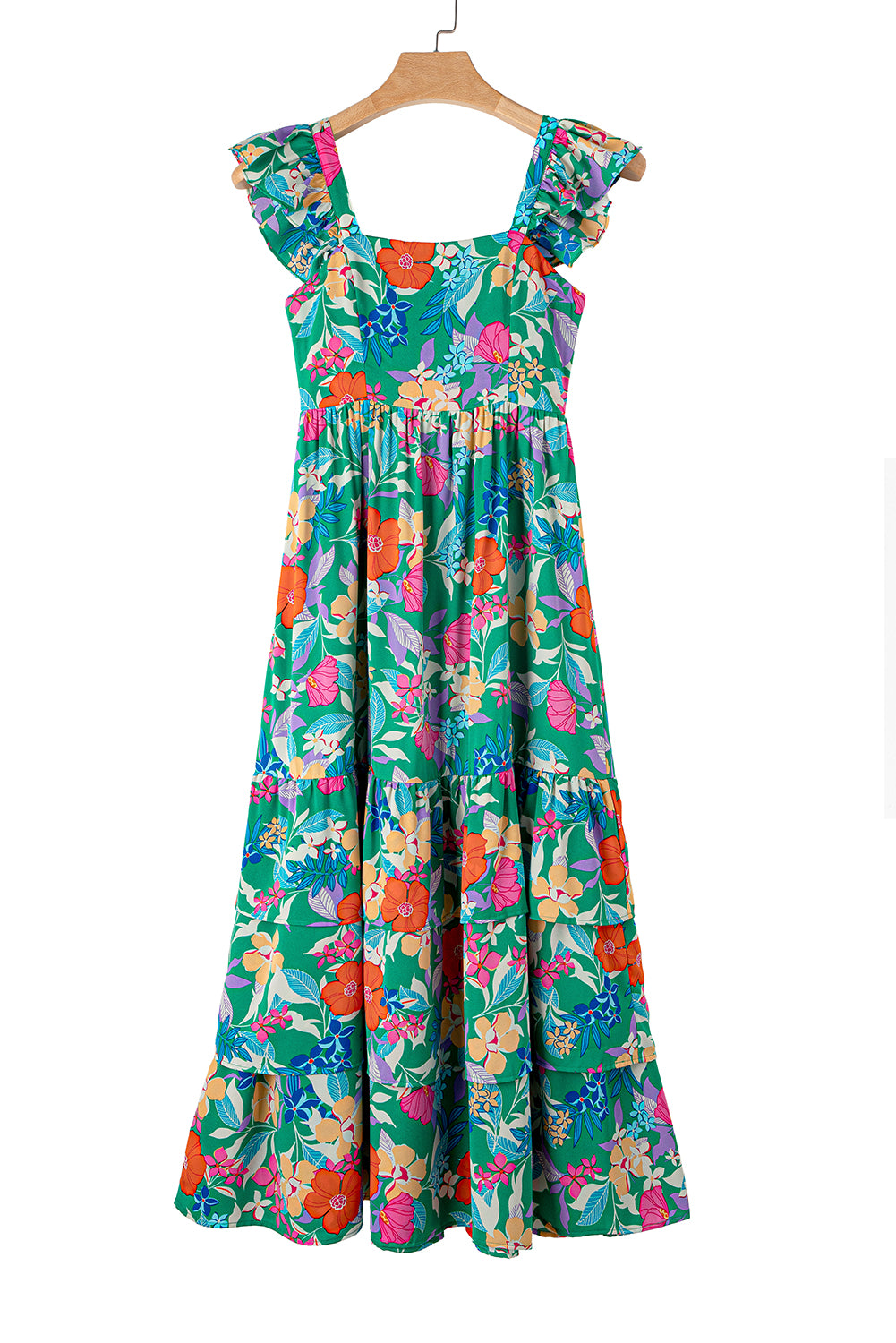 Women's Green Floral Print Sleeveless Ruffle Tiered Maxi Dress at LivelyLooks
