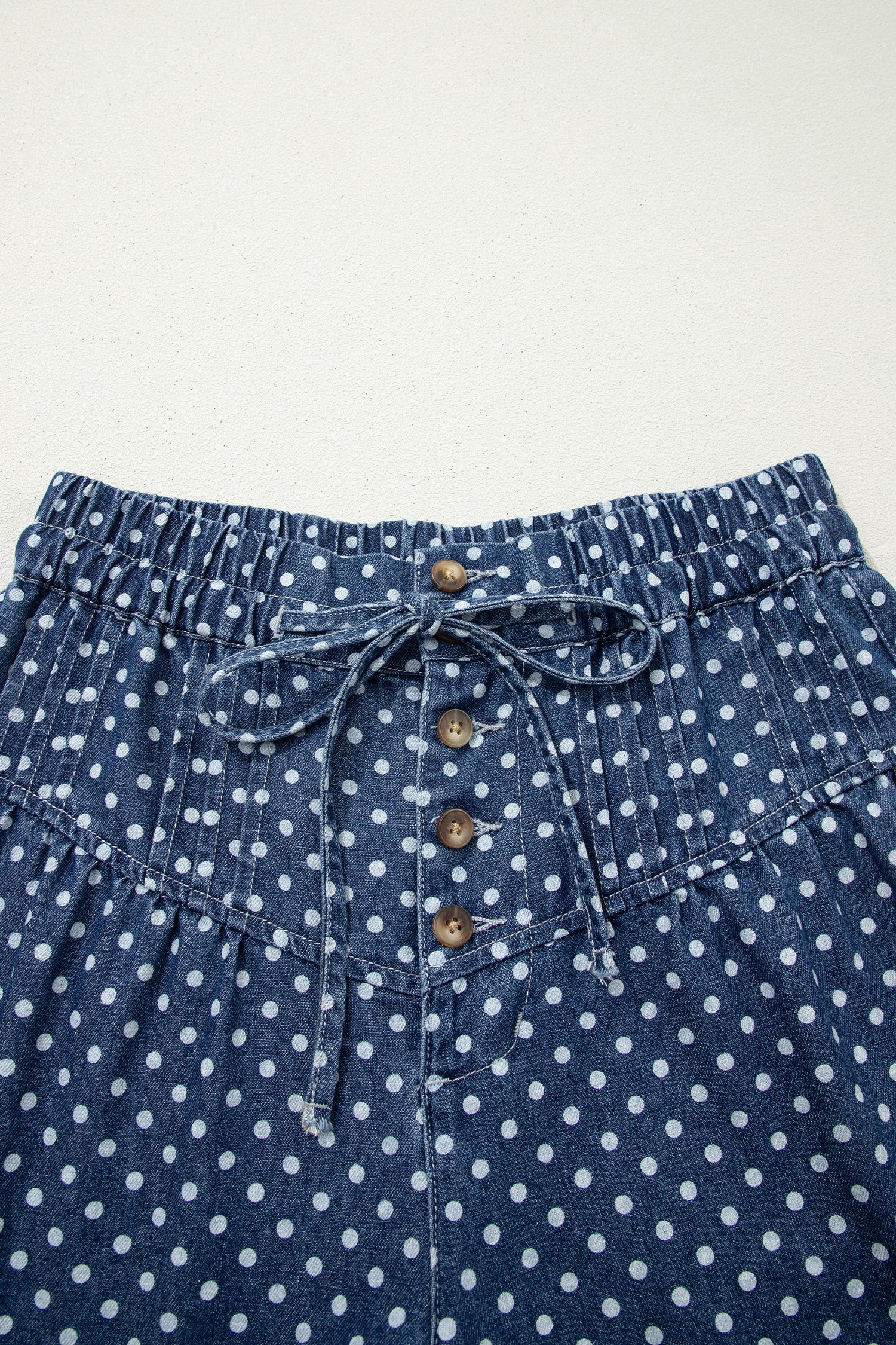 Shop Sky Blue Polka Dot Wide Leg Jeans High Waist Drawstring Button Detail at LivelyLooks