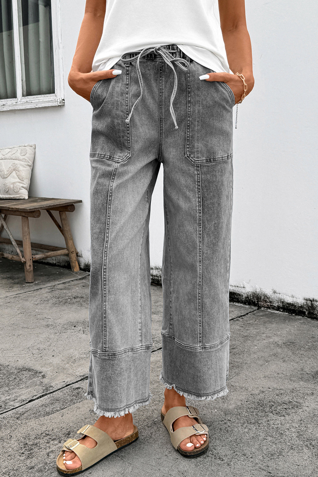 Shop Drawstring Seam Detail Raw Hem Wide Leg Denim Jeans UK 8-22 at LivelyLooks