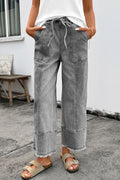Shop Drawstring Seam Detail Raw Hem Wide Leg Denim Jeans UK 8-22 at LivelyLooks