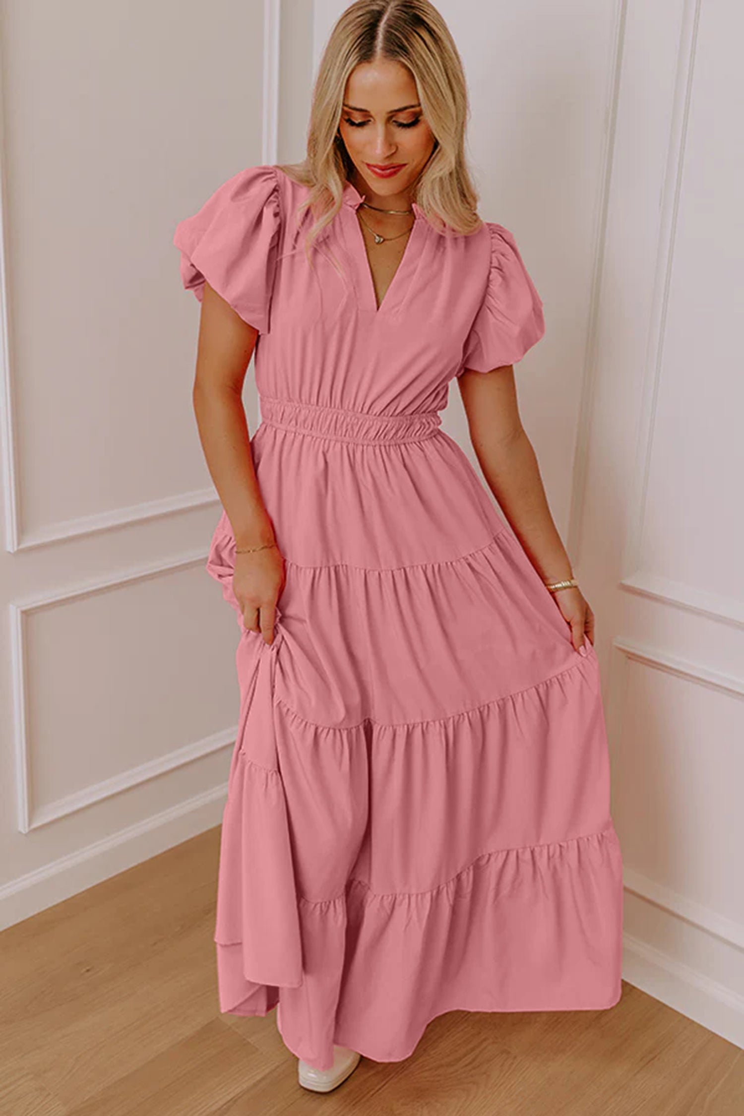 LivelyLooks Solid Colour V Neck Puff Sleeve High Waist Tiered Maxi Dress | S-XL women's fashion
