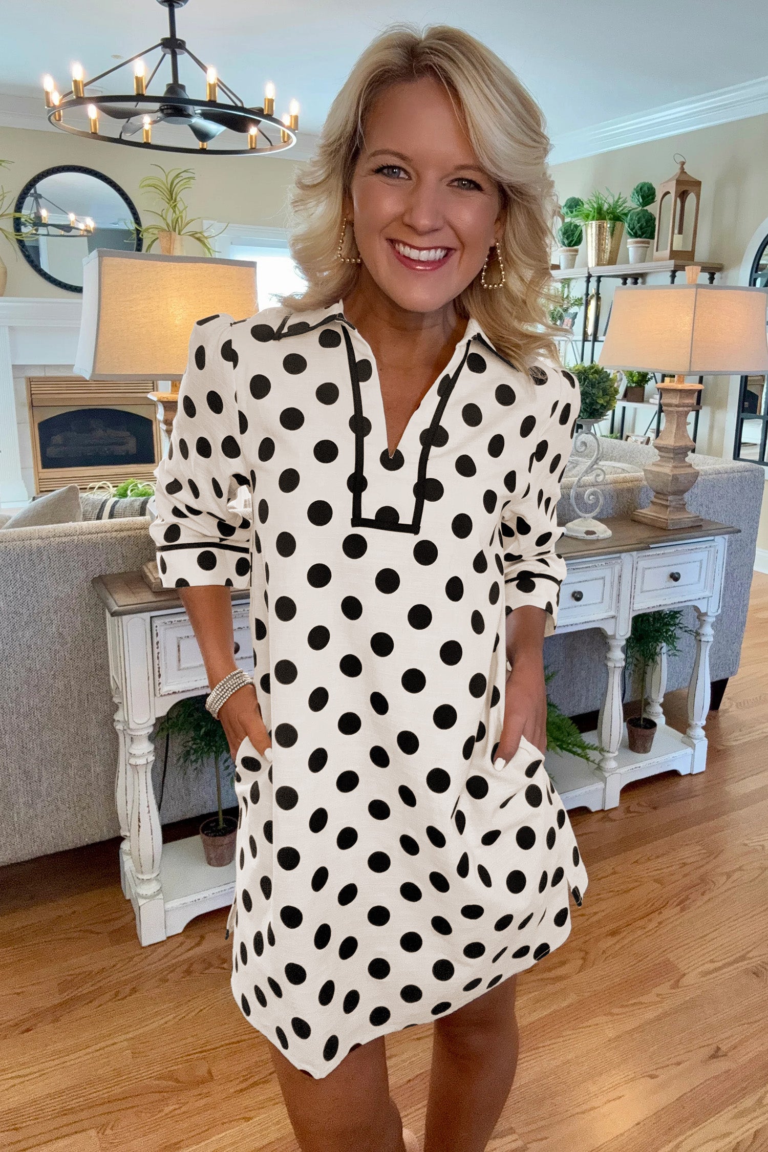 White Polka Dot Half Sleeve Collar V Neck Pocketed Casual Mini Dress | UK 10–18