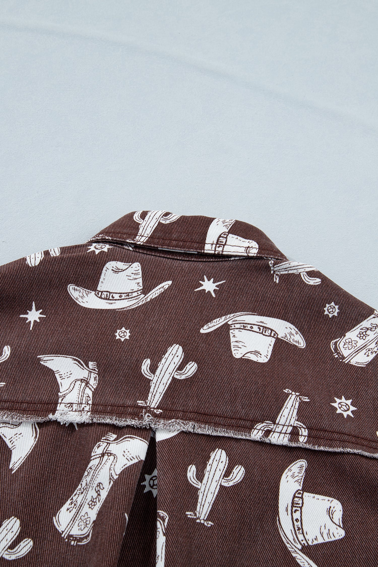 Brown Western Cowgirl Print Raw Edge Button-Down Denim Mini Dress