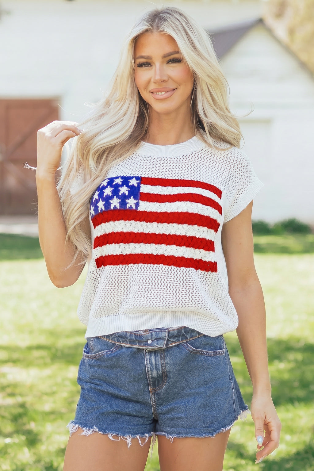 Women's Fiery Red Flag Graphic Short Sleeve Sweater Top at LivelyLooks