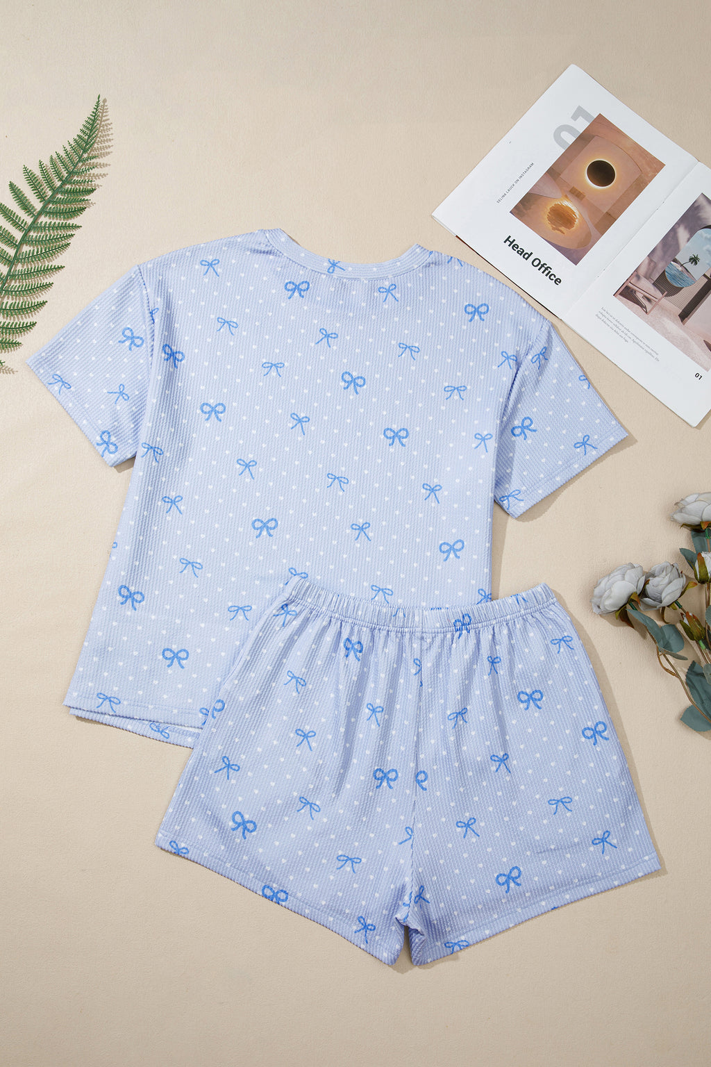 Sky Blue Tiny Heart & Bow Print Twisted Rib Loose 2pcs Short Set