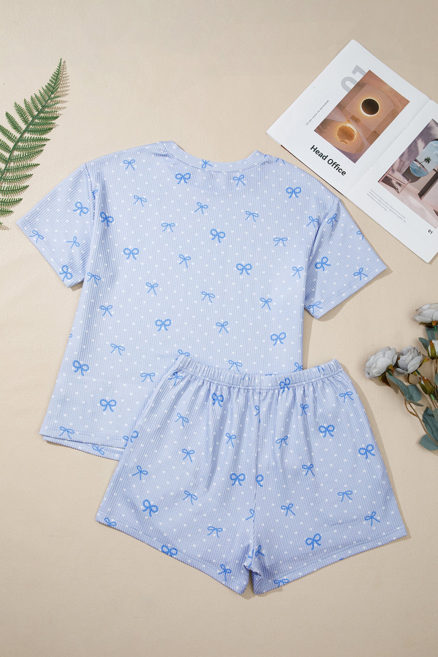 Sky Blue Tiny Heart & Bow Print Twisted Rib Loose 2pcs Short Set