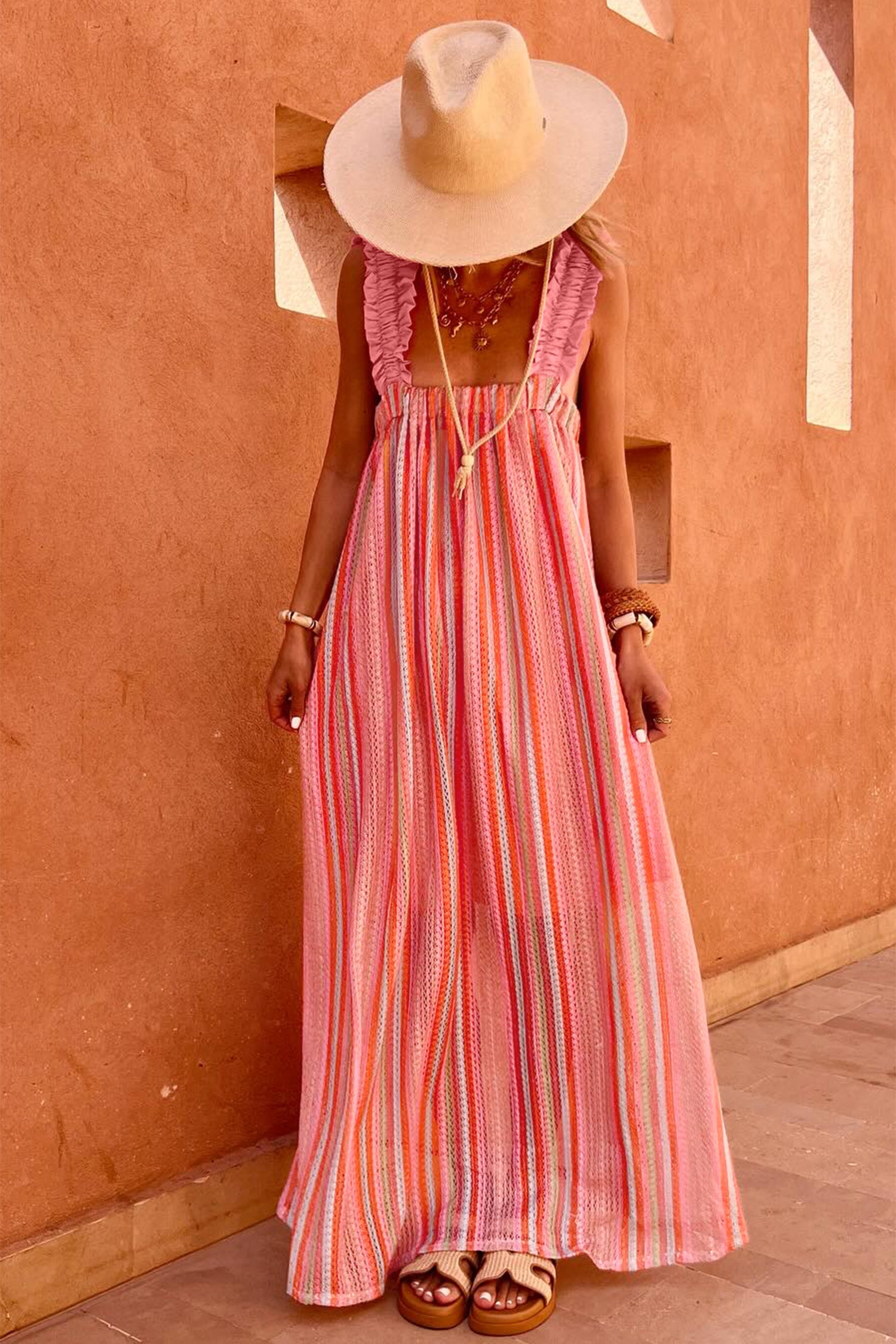 LivelyLooks Pink Stripe Maxi Dress Ruffled Straps Ribbon Knot Boho S-XL women's fashion