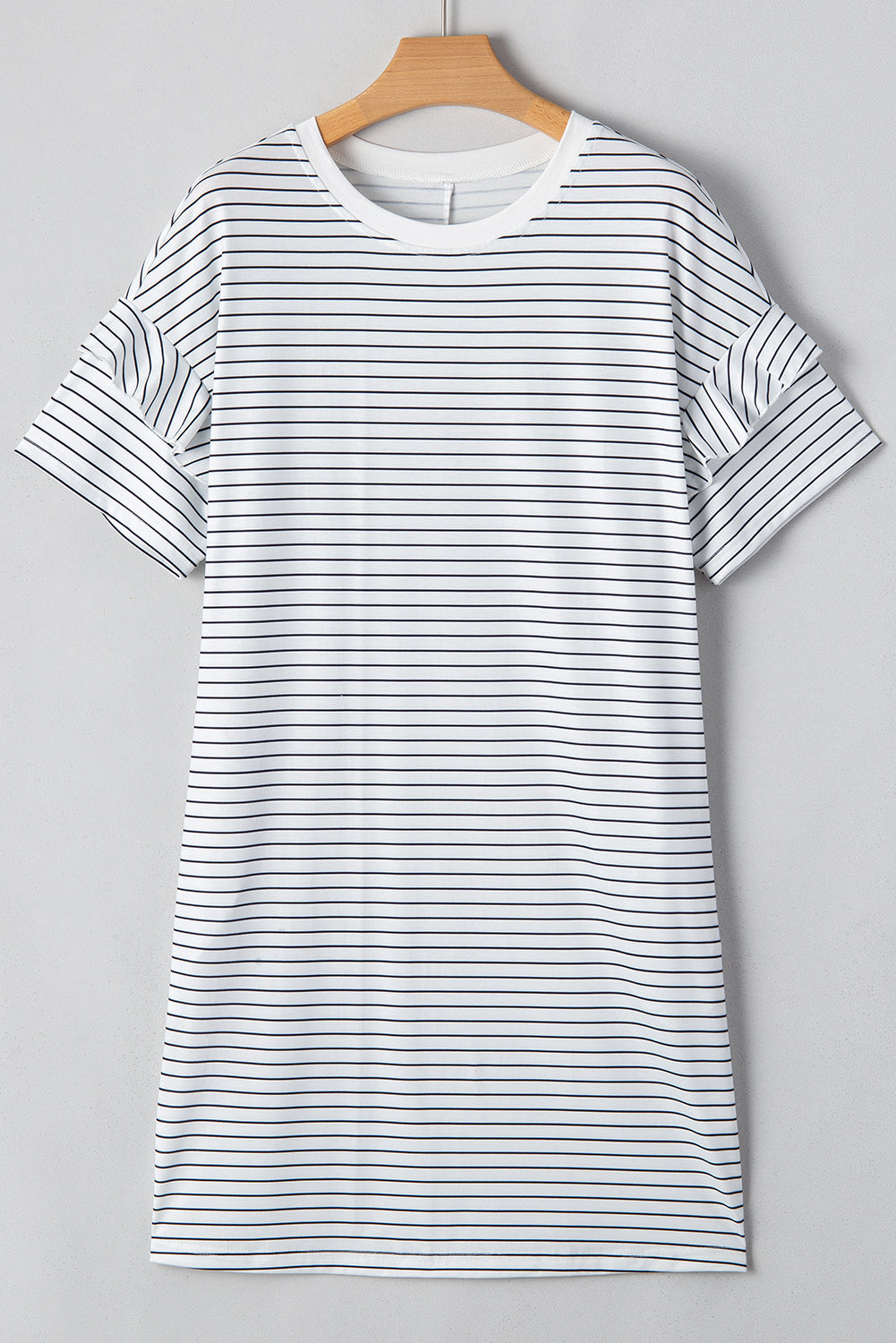 Women's Green Stripe Ruffled Short Sleeve Crew Neck Shift Mini Dress at LivelyLooks