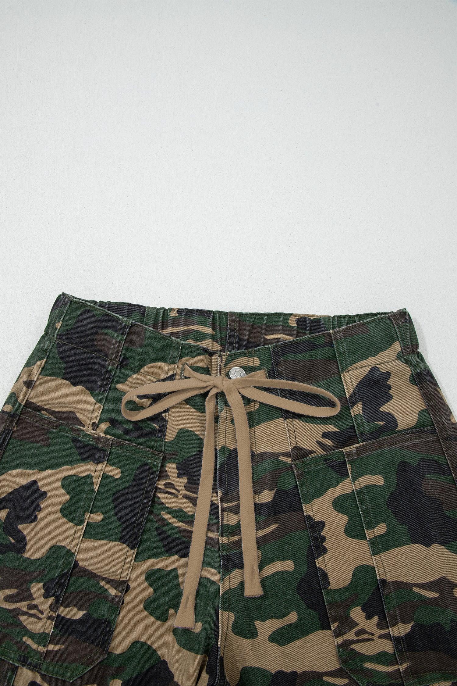 Green Camouflage Print Drawstring Patch Pocket Ankle Jeans
