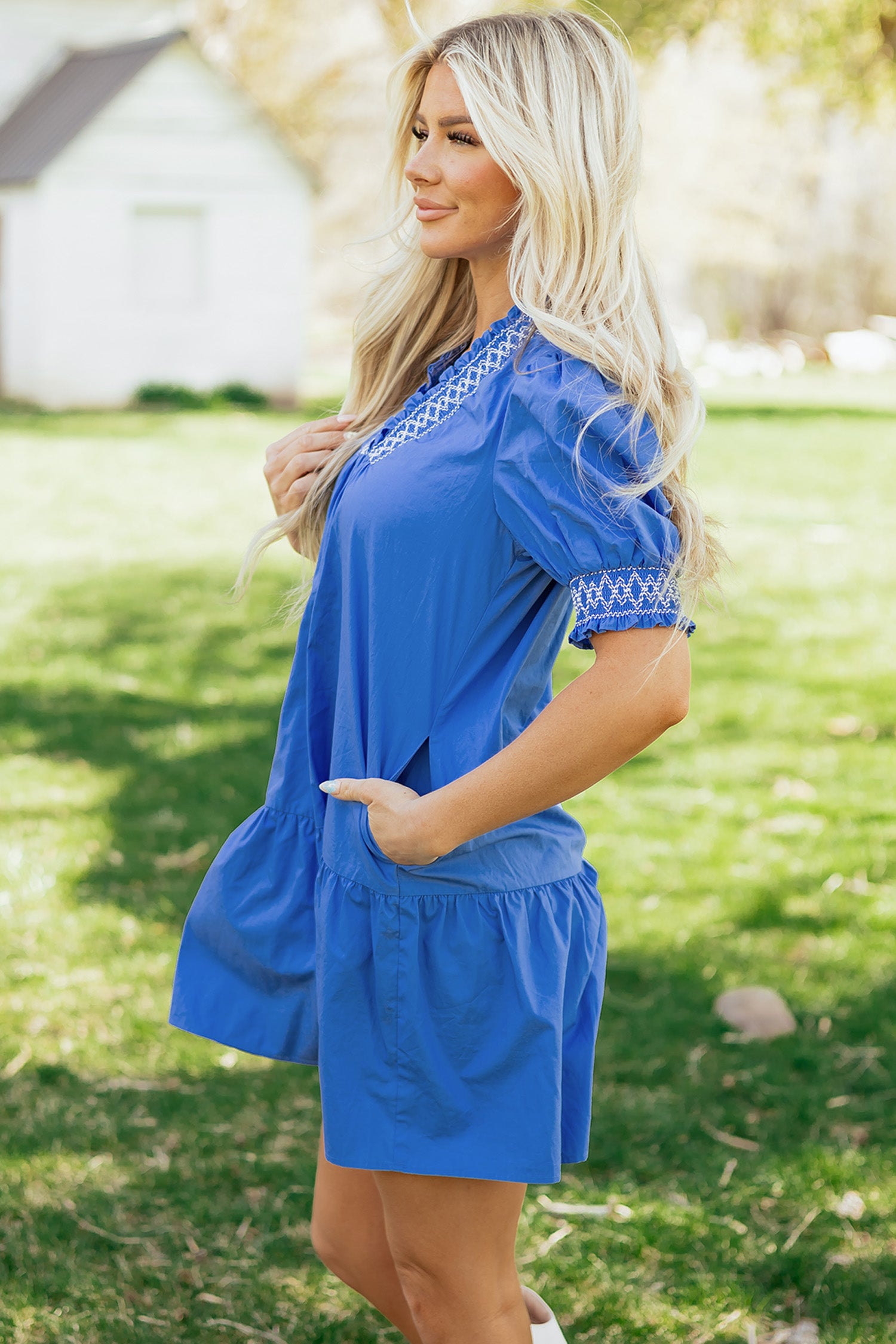 Sky Blue Embroidered Smocked Mini Dress V Neck Short Puff Sleeve Women S-XL