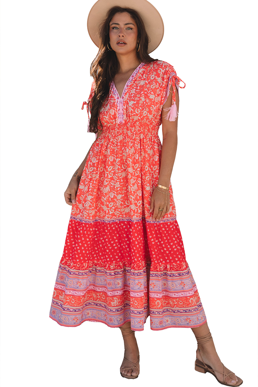 Shop Floral Print Tassel Tied Sleeve Empire Waist Boho Maxi Dress | S-XL at LivelyLooks