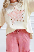 LivelyLooks Beige Star Print Stud Detail Cotton Jersey Top S-XL women's fashion