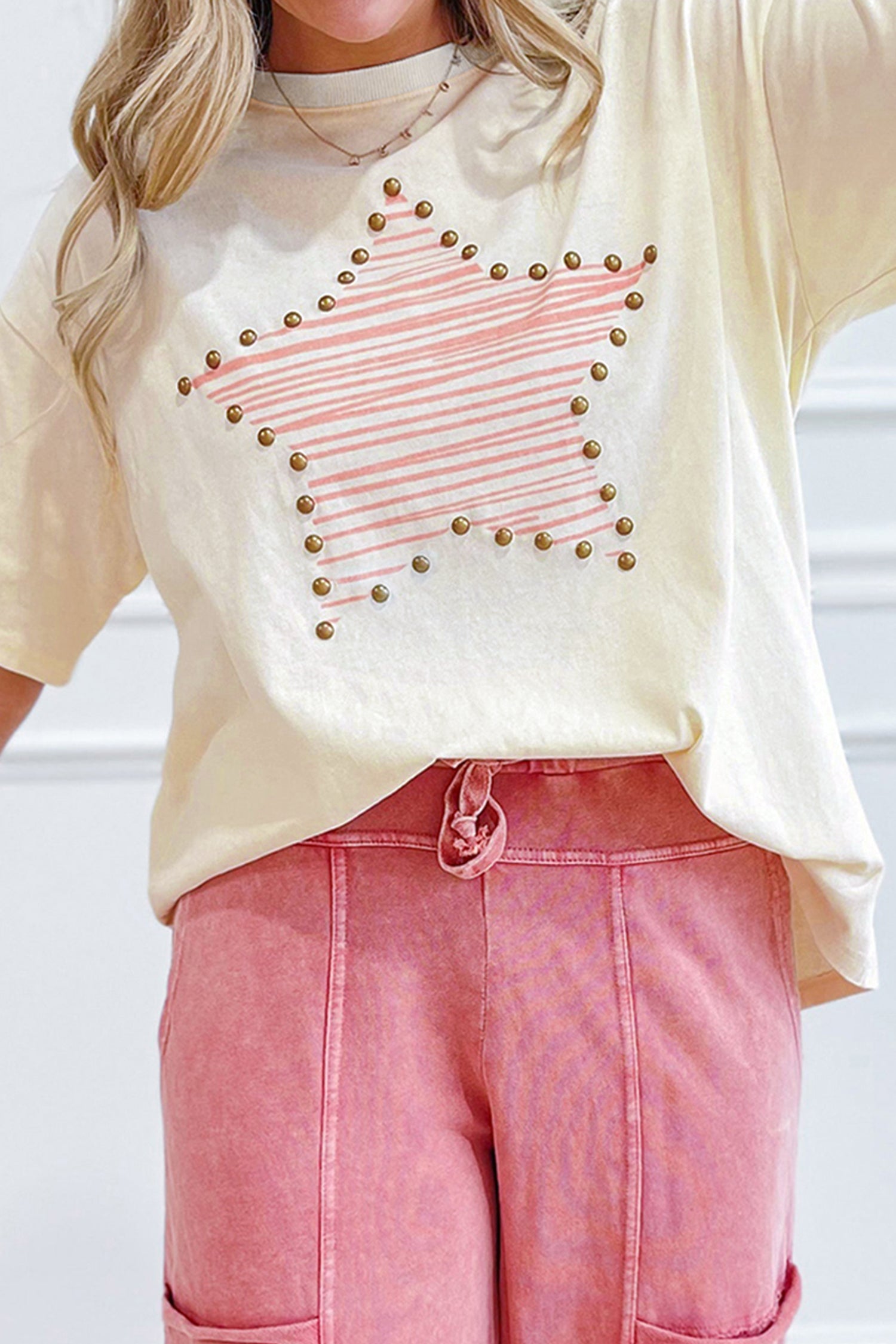 LivelyLooks Beige Star Print Stud Detail Cotton Jersey Top S-XL women's fashion