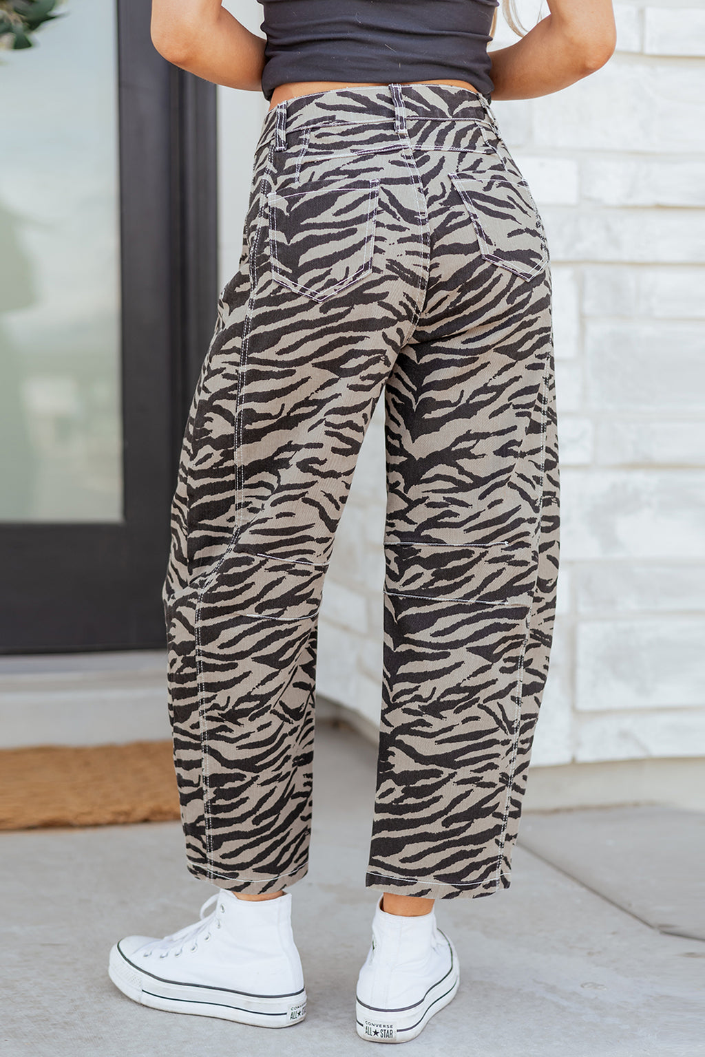 Women's Grey Zebra Print Barrel Leg Jeans Mid-Rise Wide Leg UK 4-16 at LivelyLooks