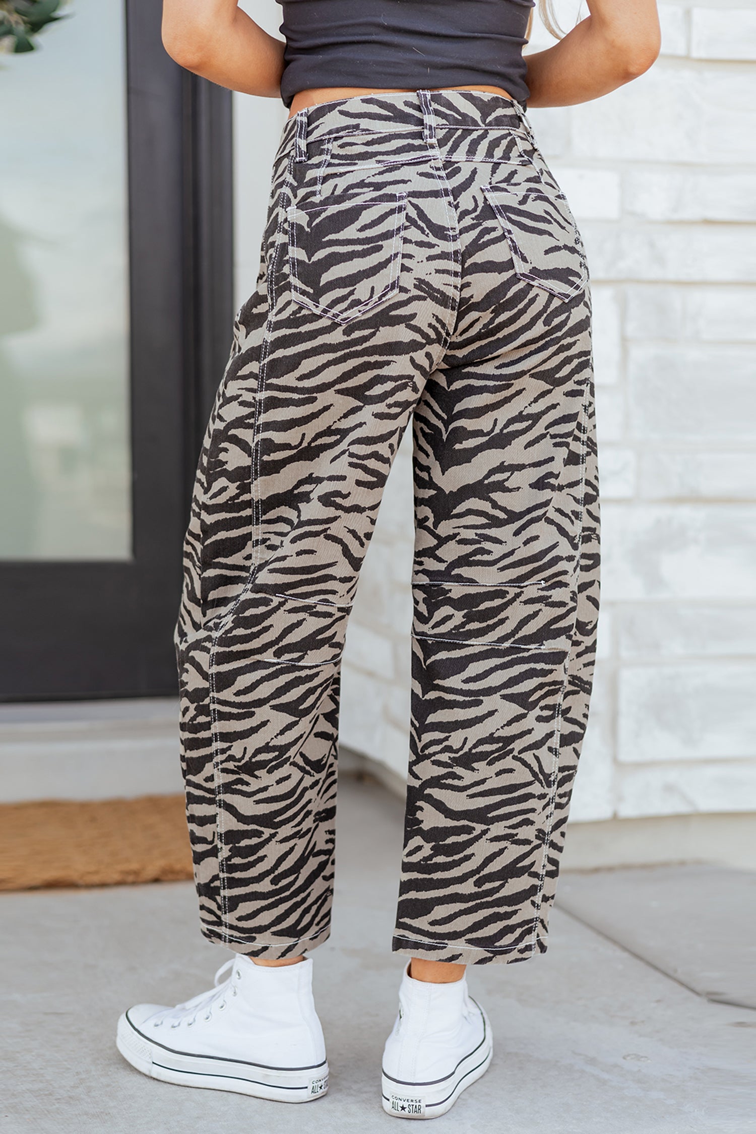 Women's Grey Zebra Print Barrel Leg Jeans Mid-Rise Wide Leg UK 4-16 at LivelyLooks