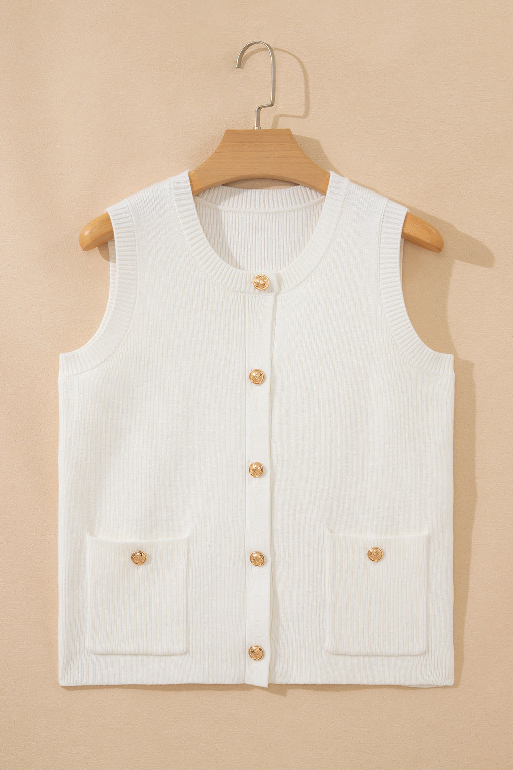 White Yellow Sleeveless Knit Button Sweater Vest Pockets S-XL