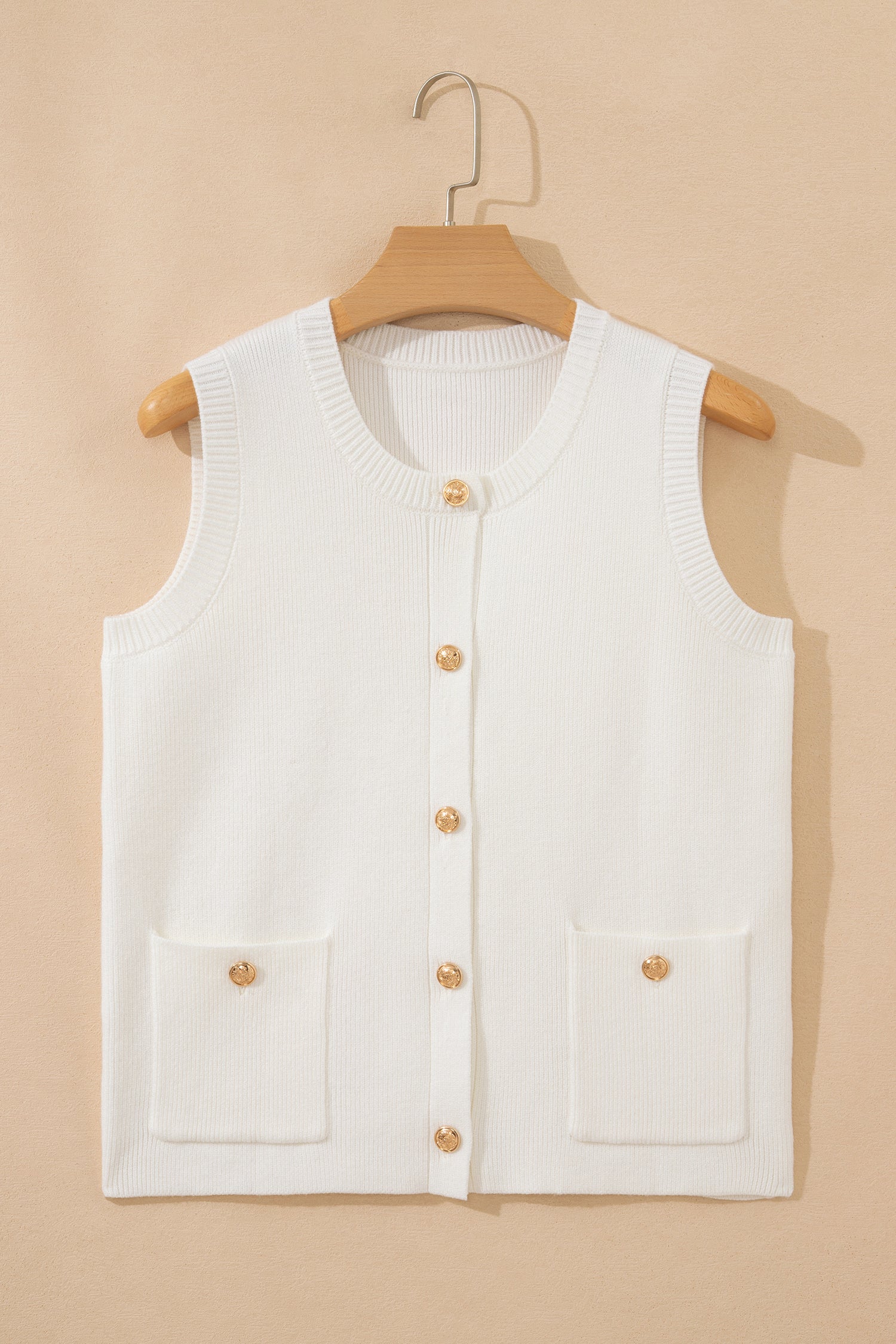 White Yellow Sleeveless Knit Button Sweater Vest Pockets S-XL
