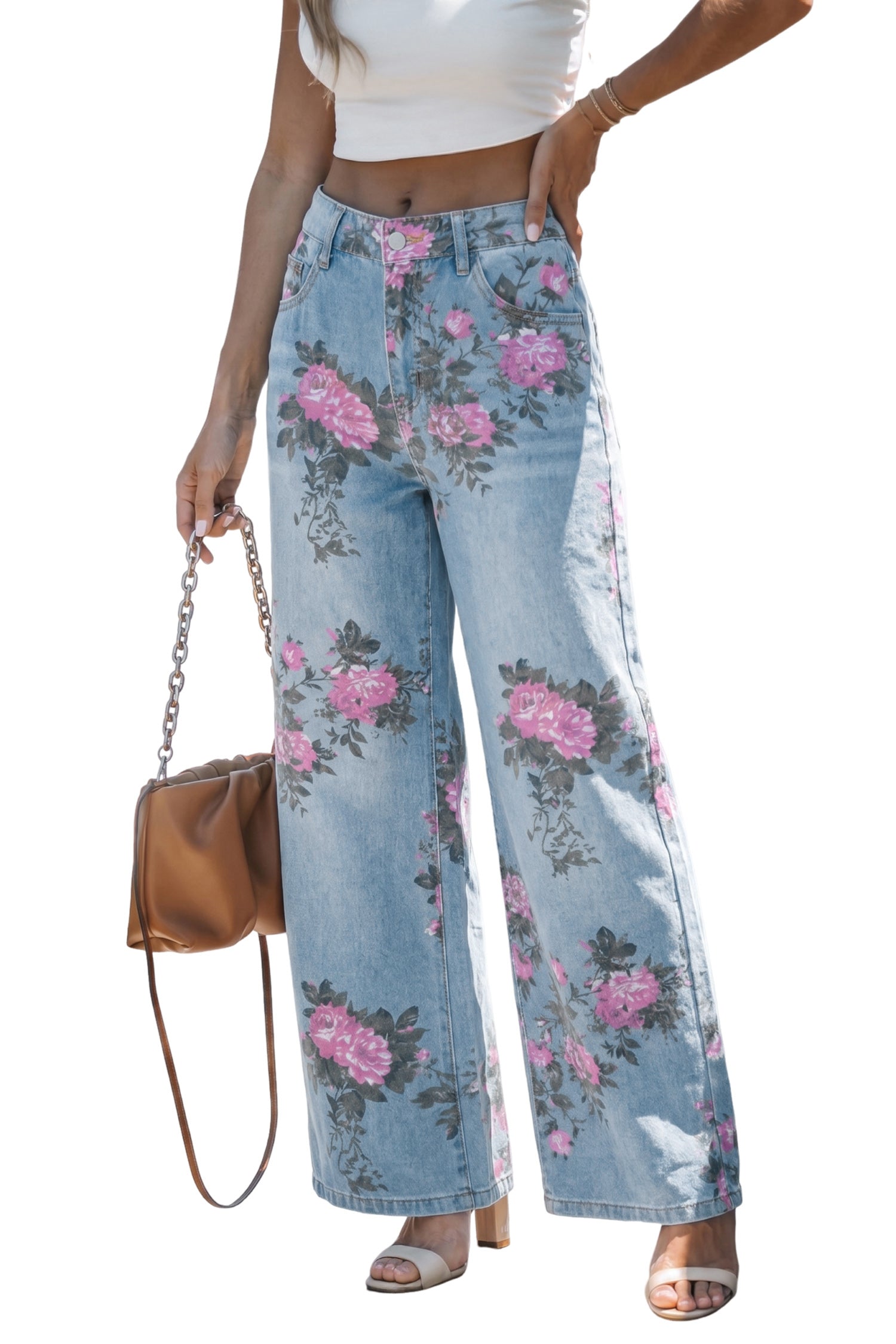Women's Blue Garden Floral Print Bootcut Jeans | UK Sizes 6-18 at LivelyLooks