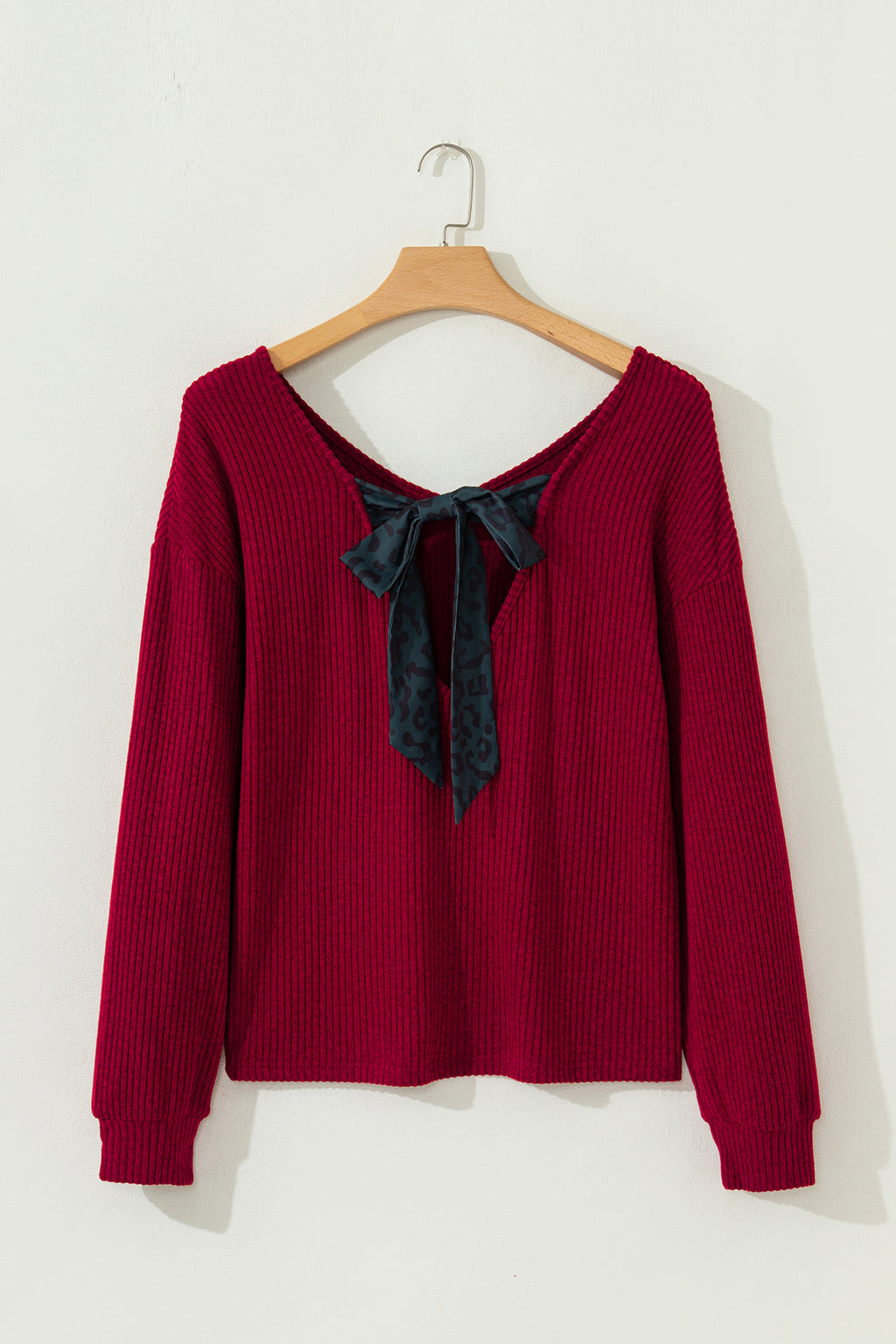 Ribbed V Neck Bow Back Drop Shoulder Long Sleeve Top | Red & Taupe