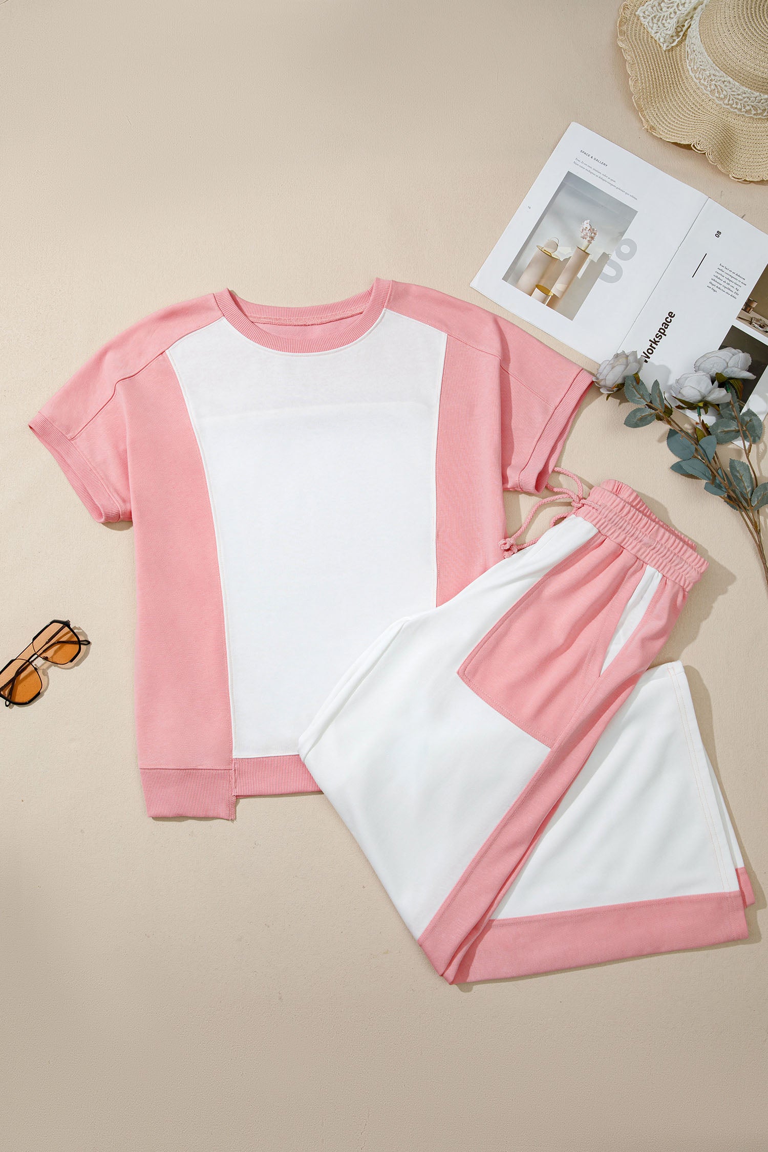 White Two-Tone Colour Block Patchwork Tee & Drawstring Loose Pant Set | UK 8–22
