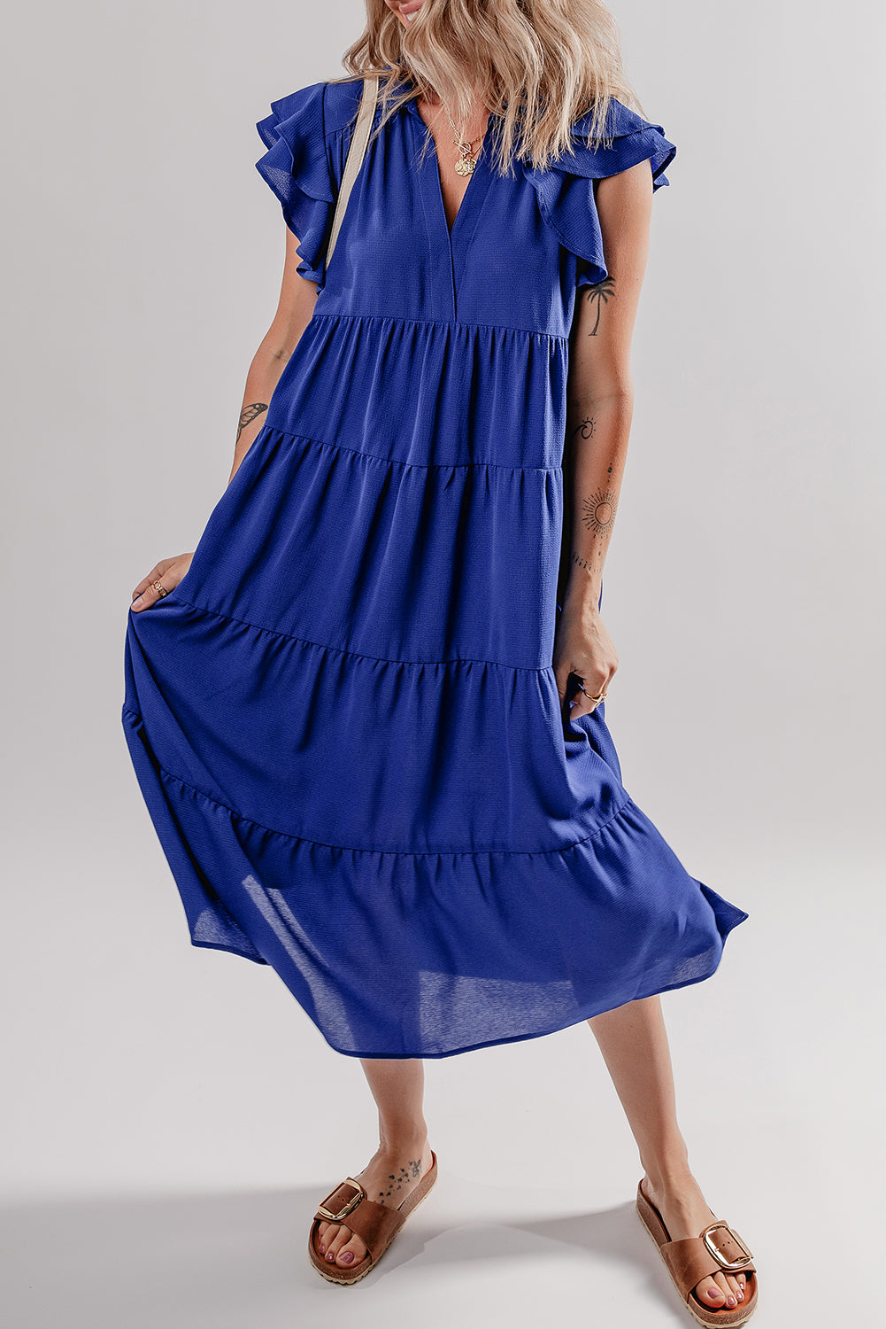 LivelyLooks Blue Ruffle Sleeve V-Neck Tiered Midi Dress Solid Collared S-XL women's fashion