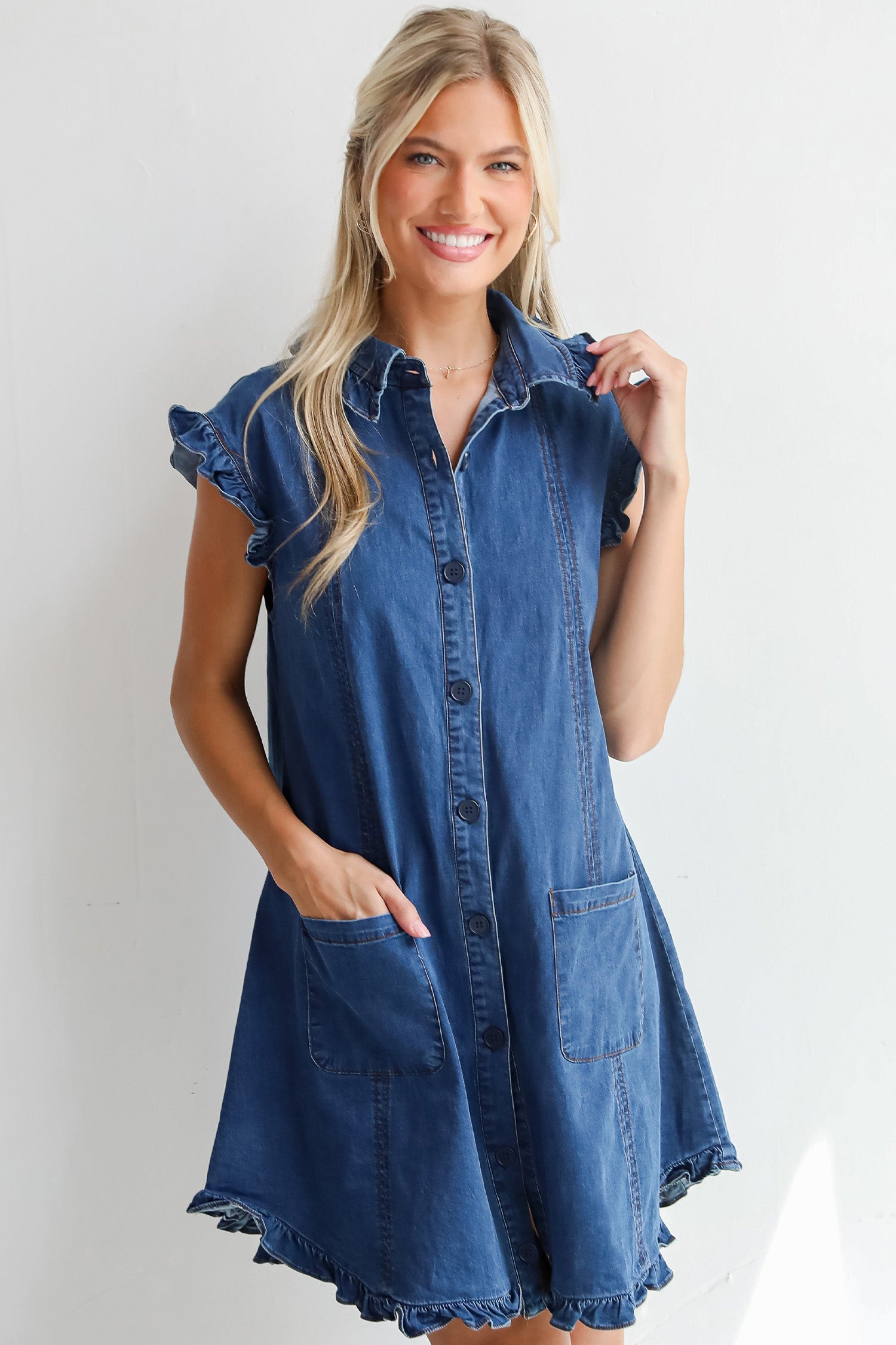 Women's Sail Blue Ruffled Collar Shift Denim Dress with Pockets at LivelyLooks