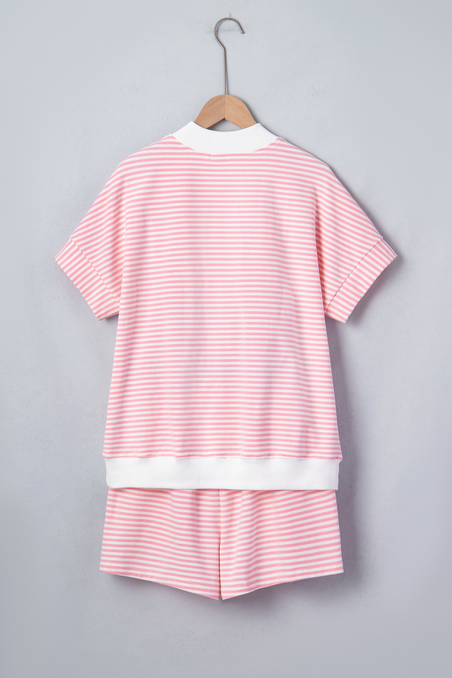 Striped Cuffed Sleeve Mock Neck Tee & Shorts Co-ord | Sky Blue, Pink & Green