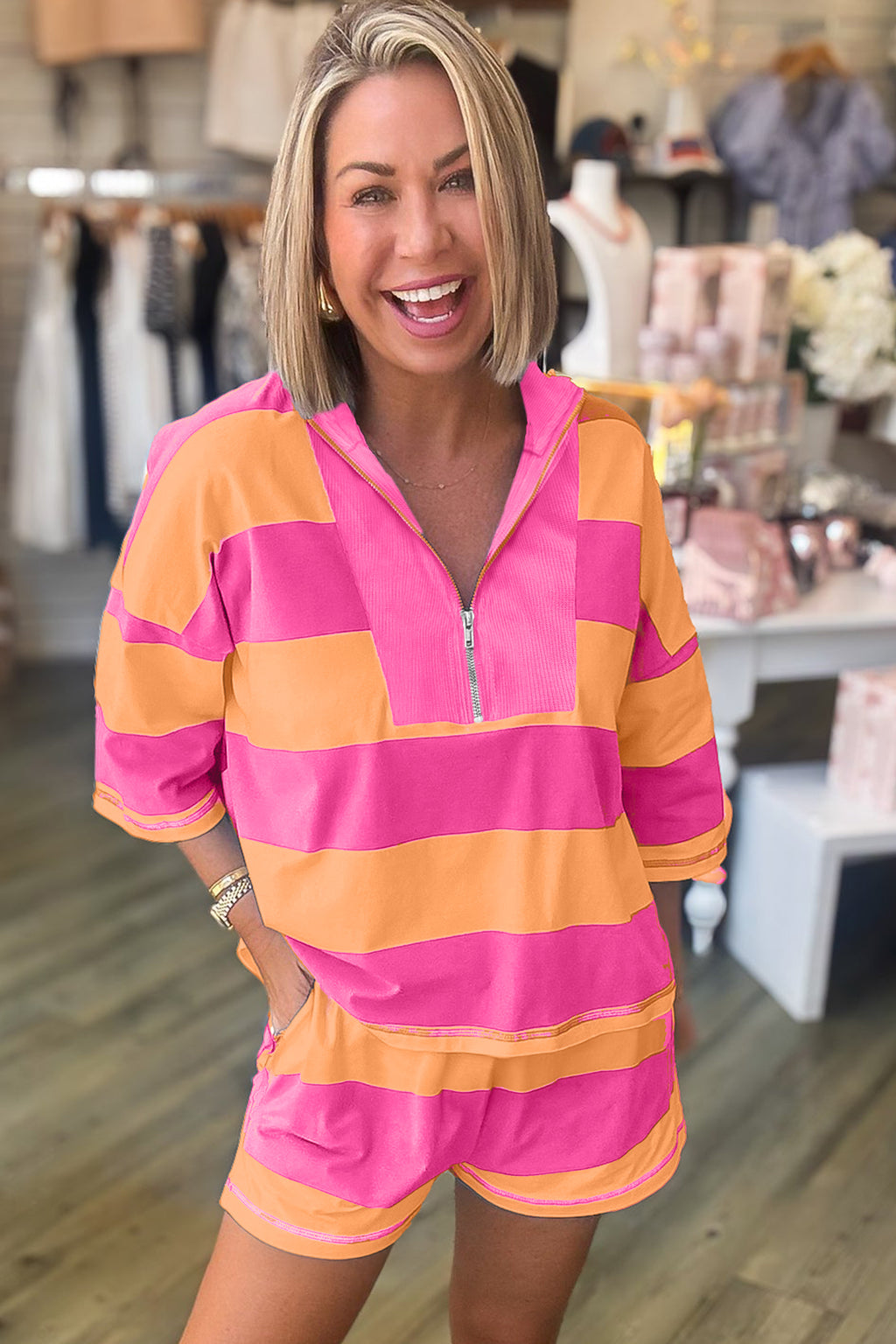 Seam Detail Half-Zip Tee & Casual Shorts Co-ord | Pink, Sky Blue & Yellow Stripe