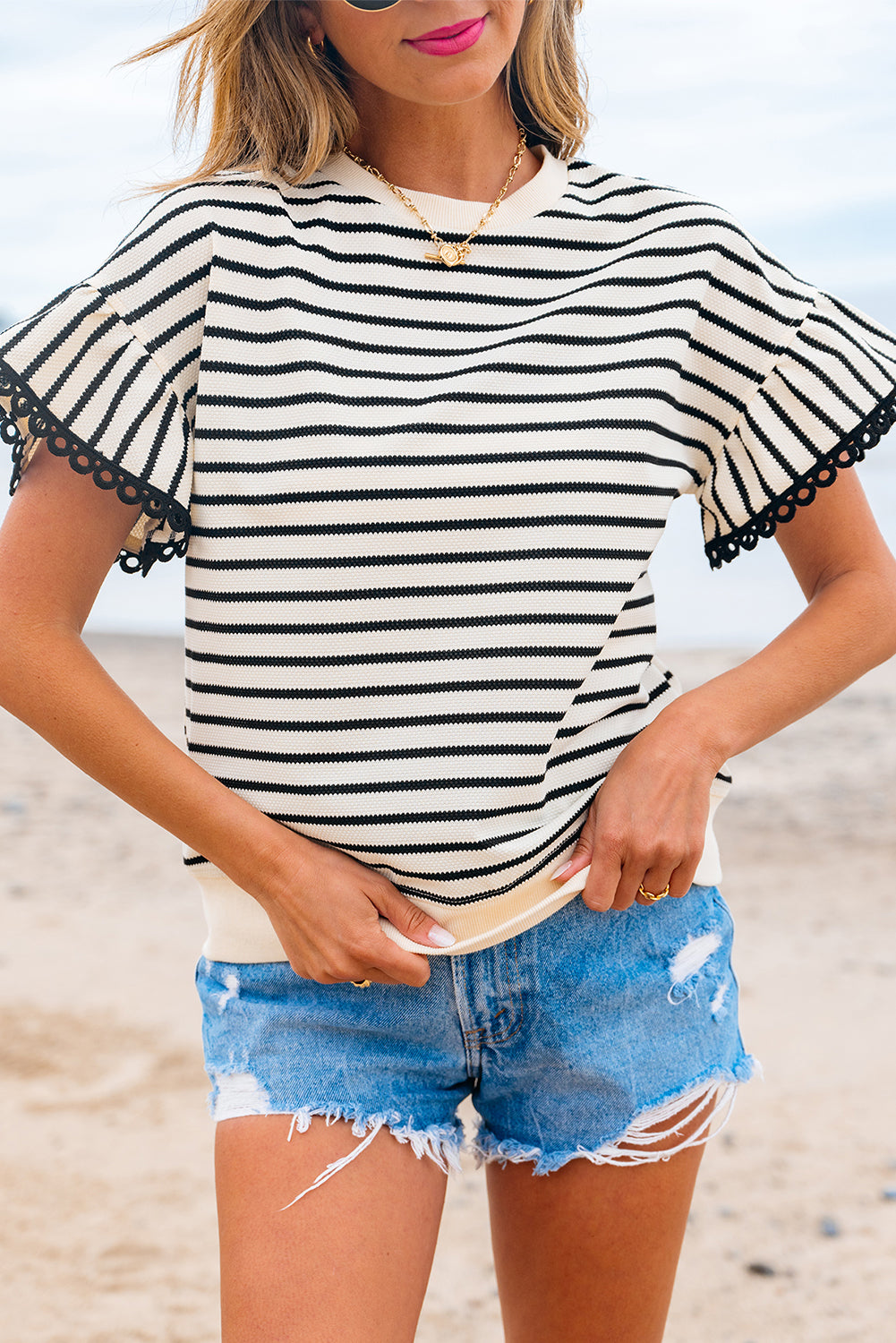 Black Stripe Ruffle Sleeve Crewneck Top | Lace Trim | S-XL