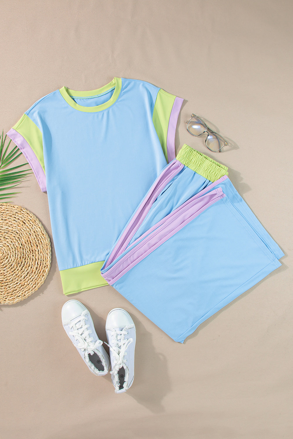 Colour Block Cap Sleeve Tee & Crop Wide Leg Trousers Set | 8 Colours