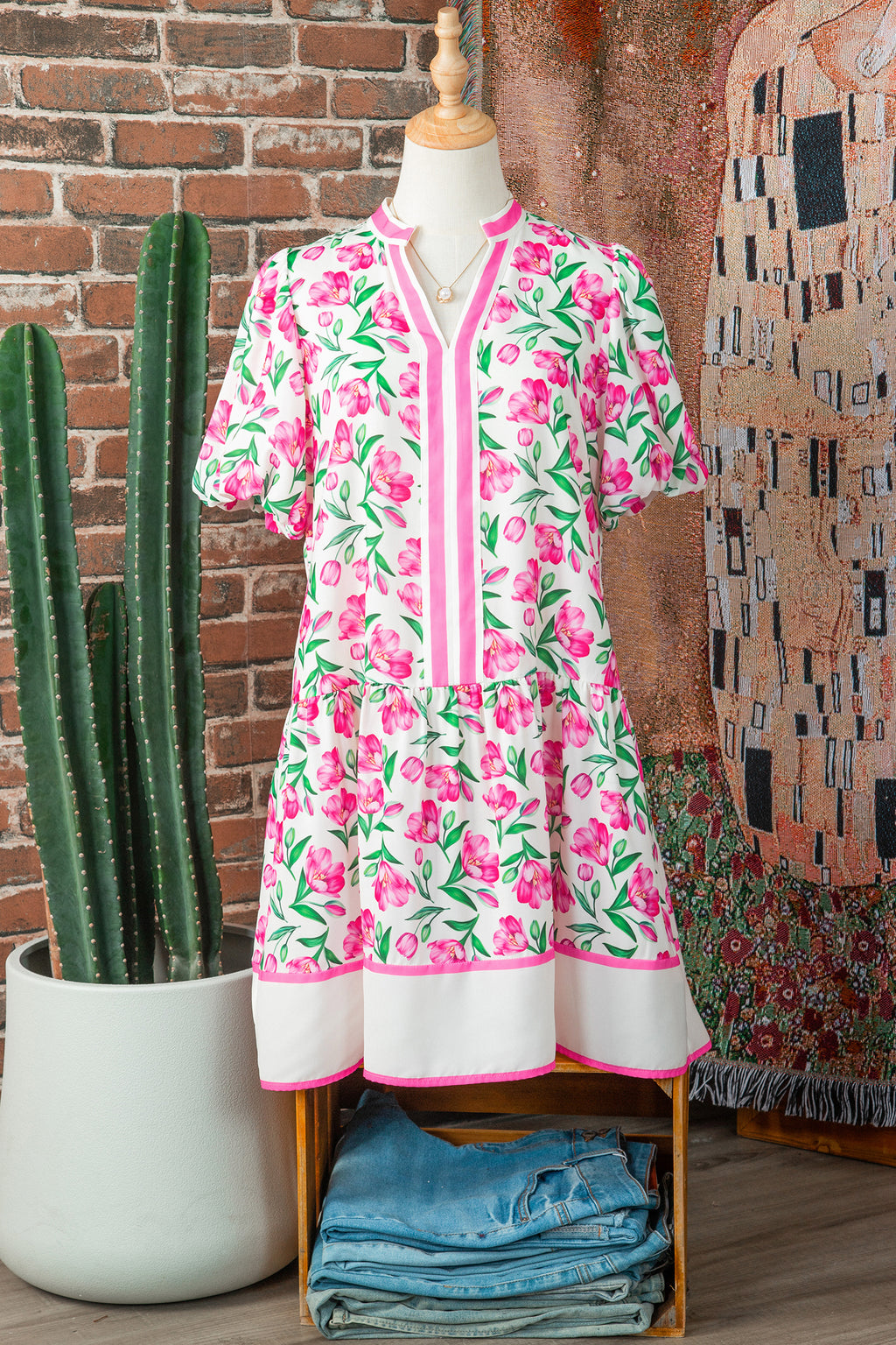 Multicolour Sweet Floral Striped Colourblock Trim V-Neck Mini Dress