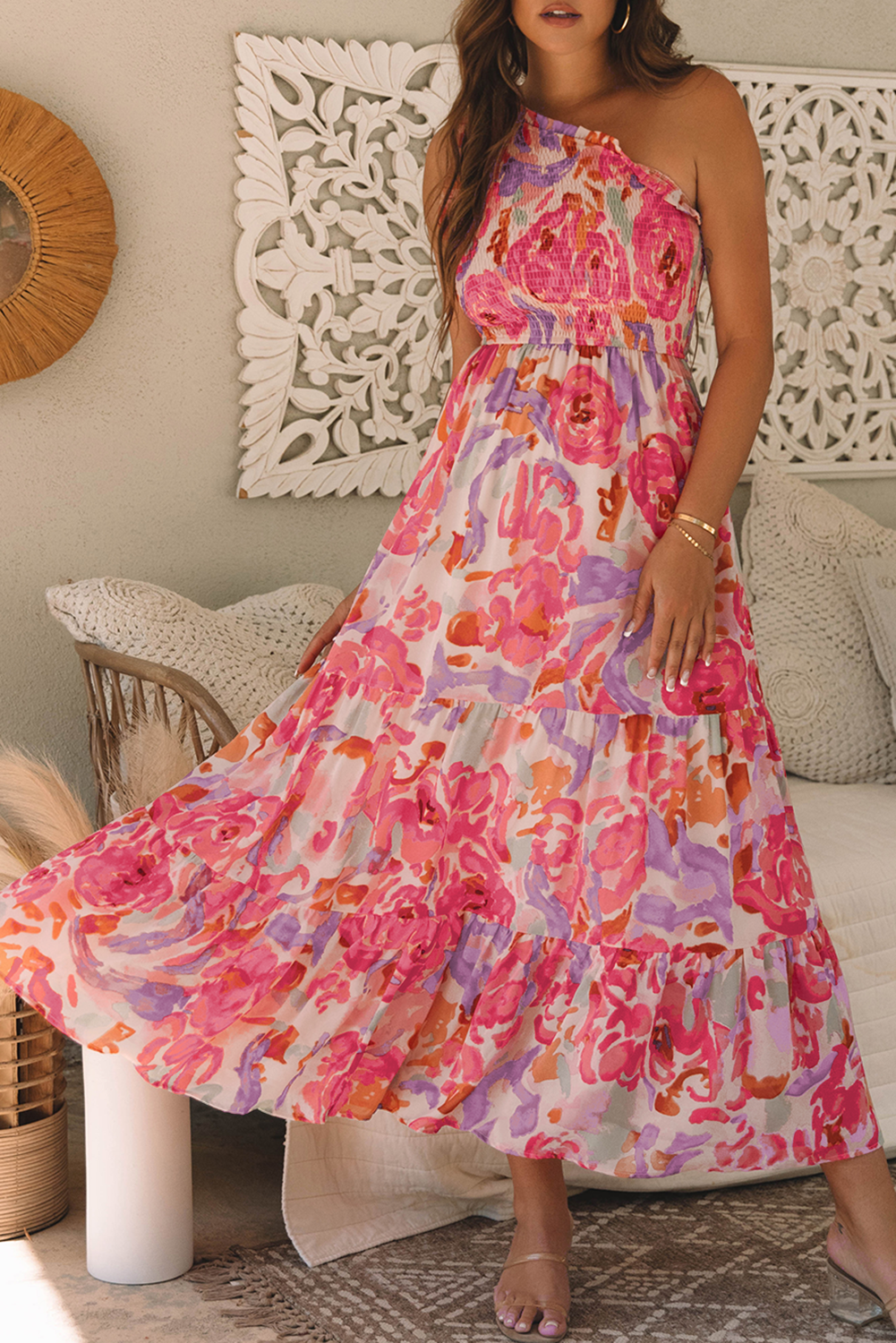 LivelyLooks Pink Abstract Floral Shirred One-Shoulder Maxi Dress women's fashion
